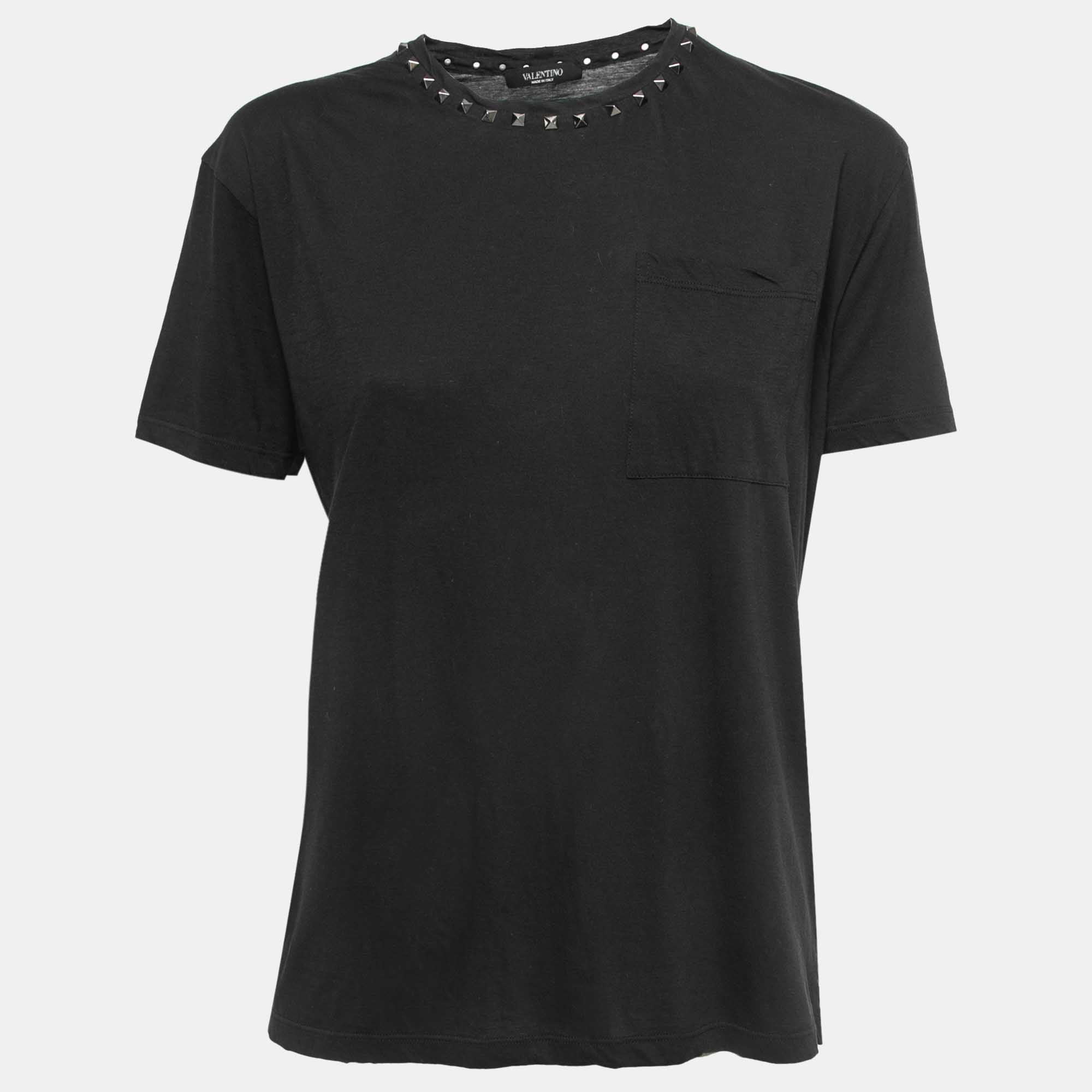 Pre-owned Valentino Black Cotton Stud Embellished T-shirt S
