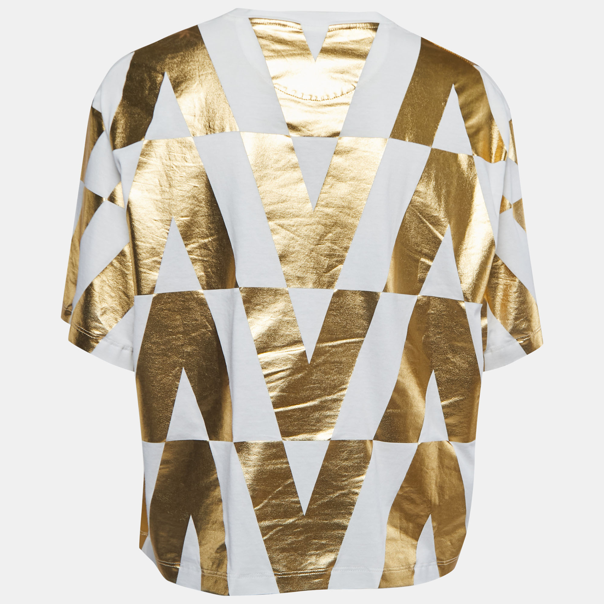 

Valentino White/Gold V Optical Foil Print Cotton Cropped T-Shirt