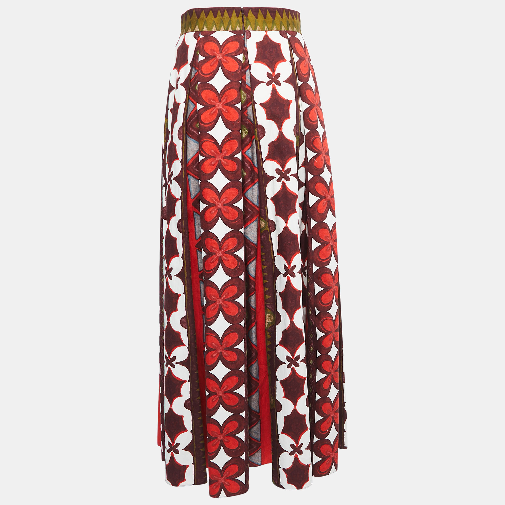 

Valentino Multicolor Printed Cotton & Linen Pleated Maxi Skirt