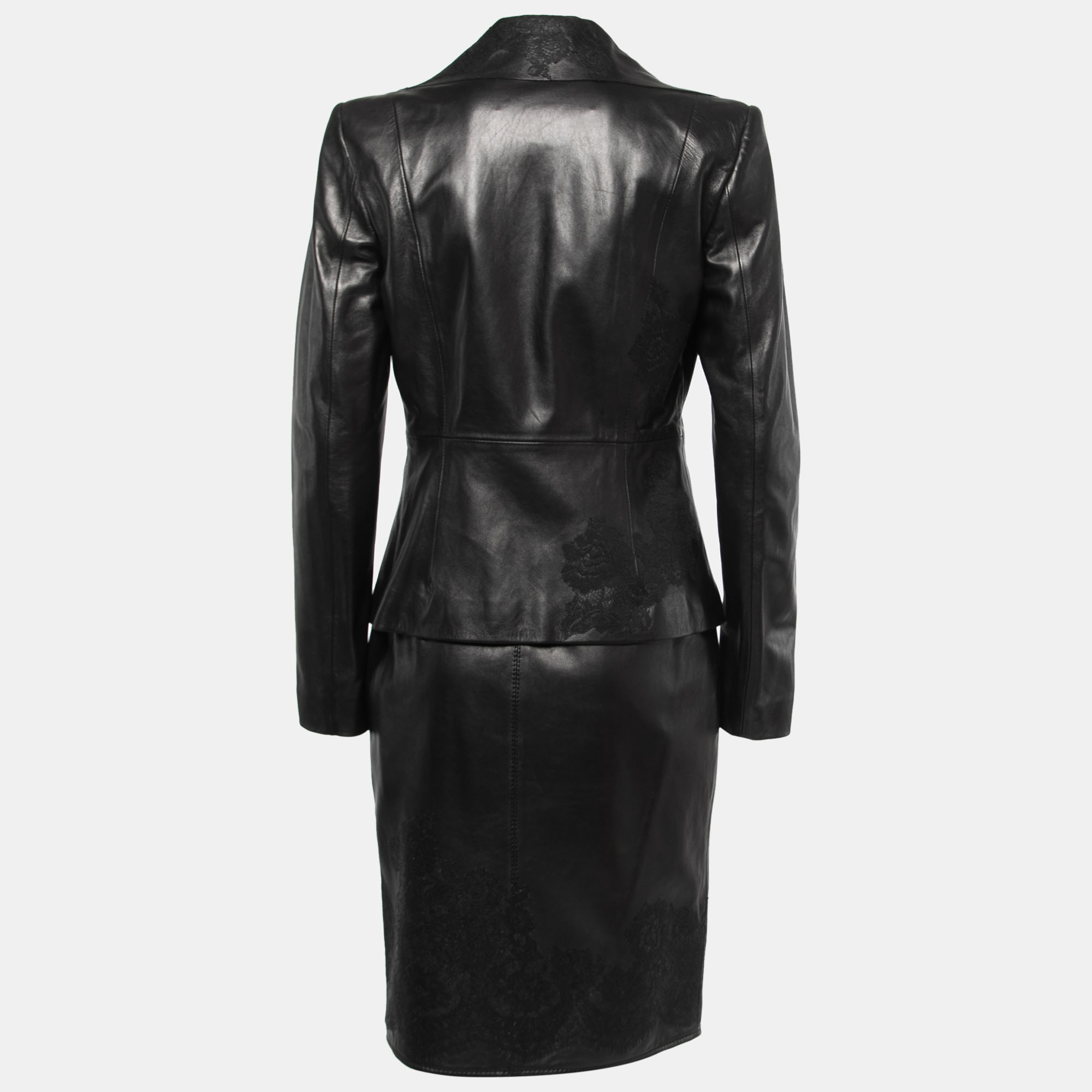 

Valentino Black Leather Lace Trimmed Jacket Skirt Set /M