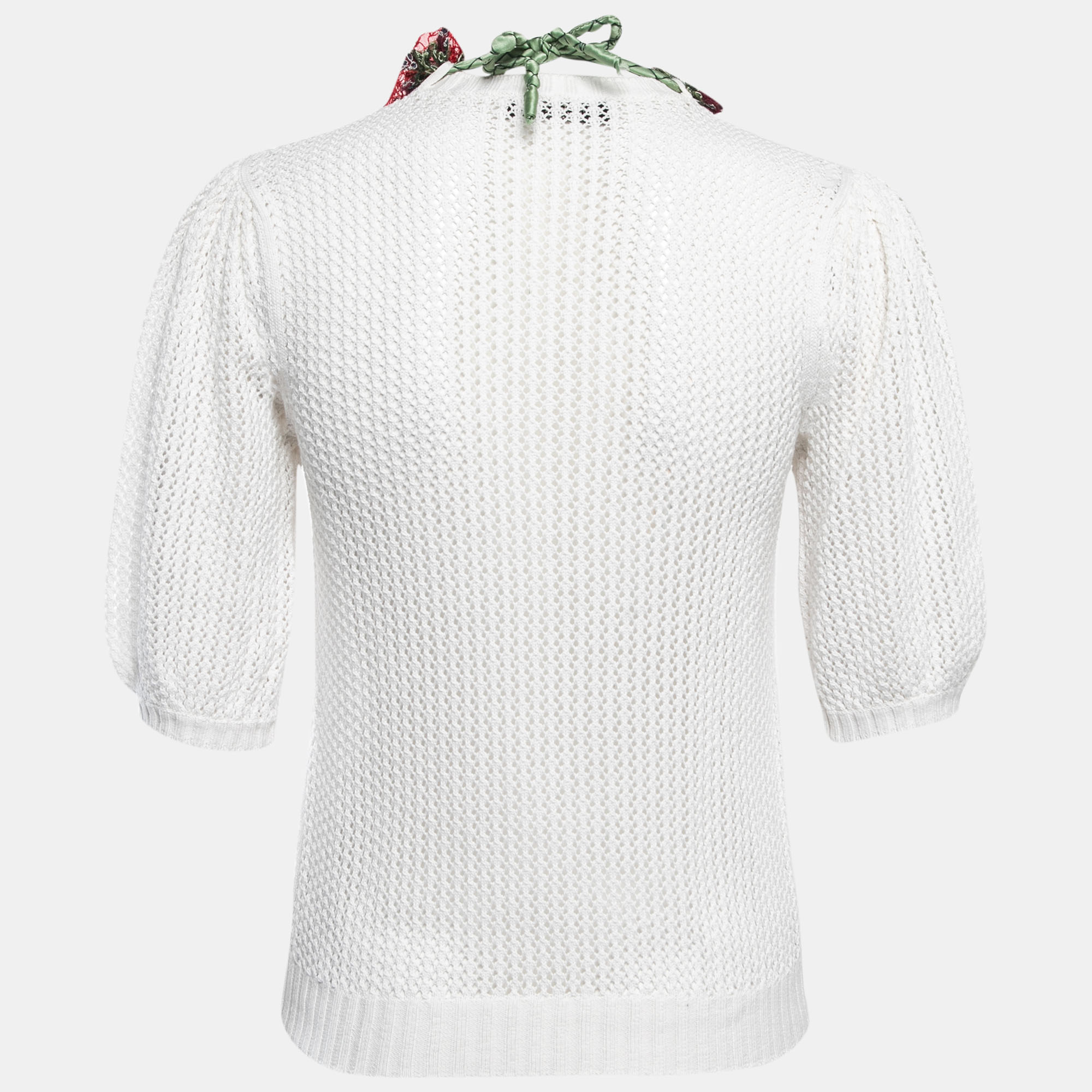 

Valentino White Crochet Knit Embroidered Collar Top