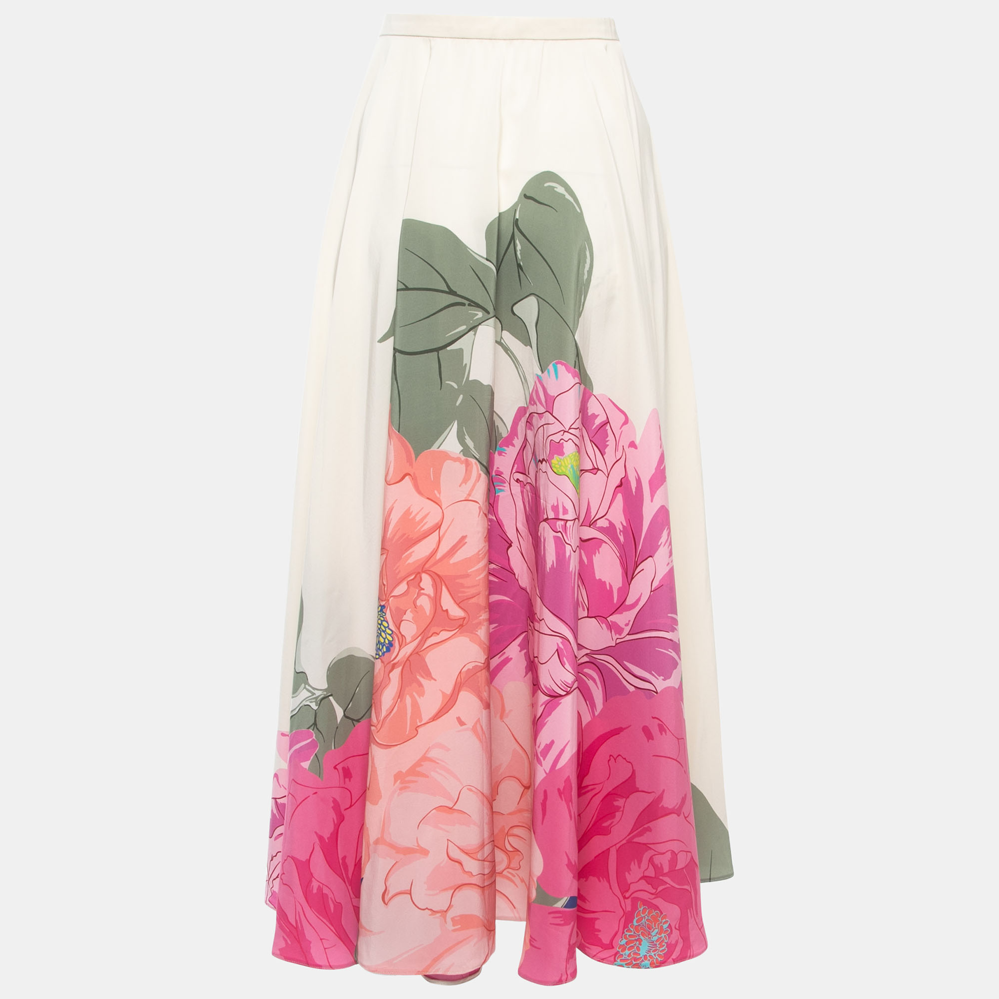 

Valentino Cream Floral Print Silk Flared Maxi Skirt