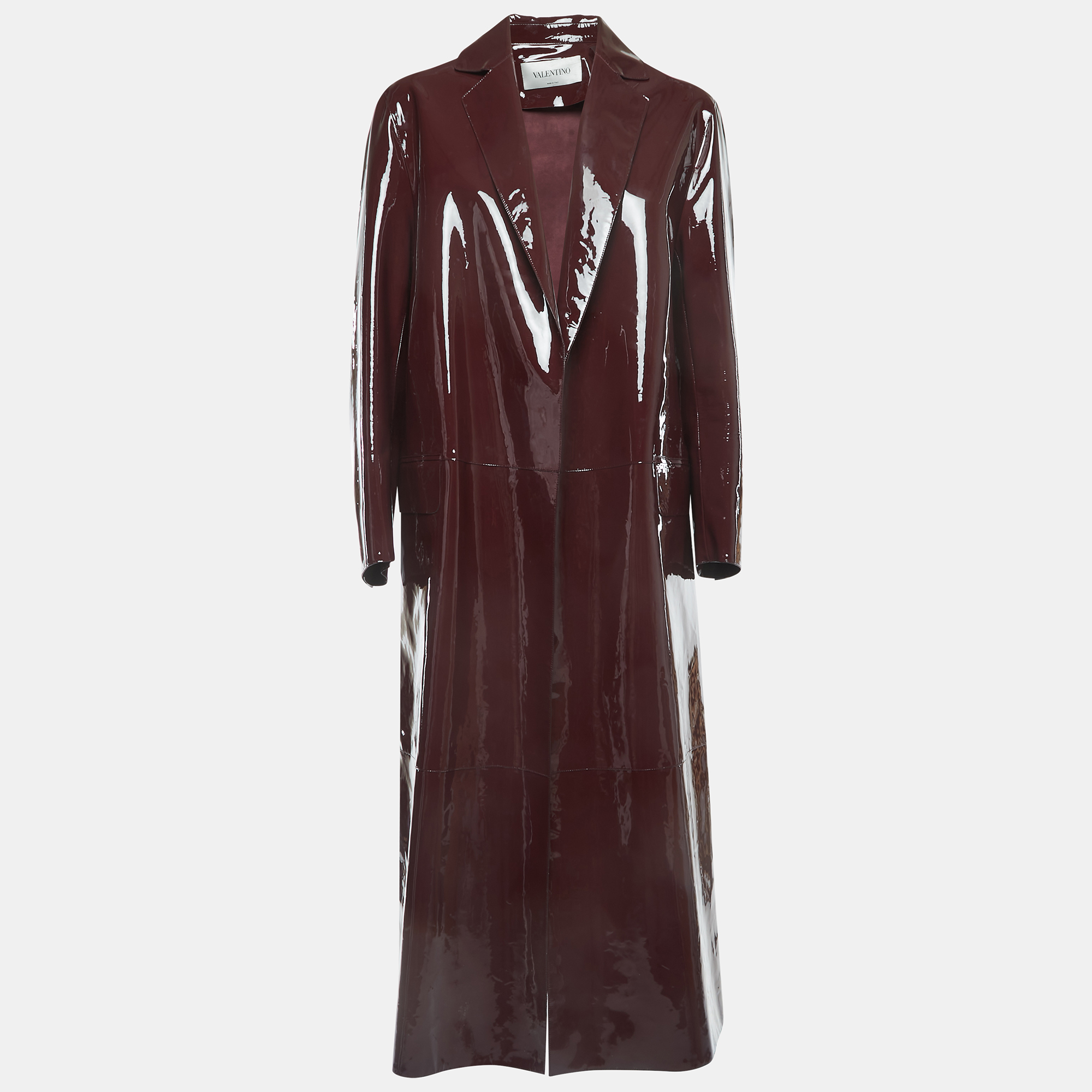 Pre-owned Valentino Burgundy Patent Leather Open Front Long Trench Coat M