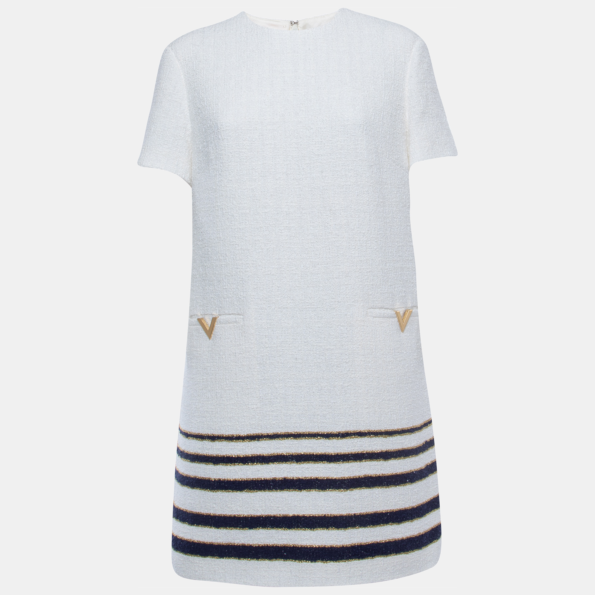 

Valentino White/Blue Striped Patterned Tweed Shift Dress XL