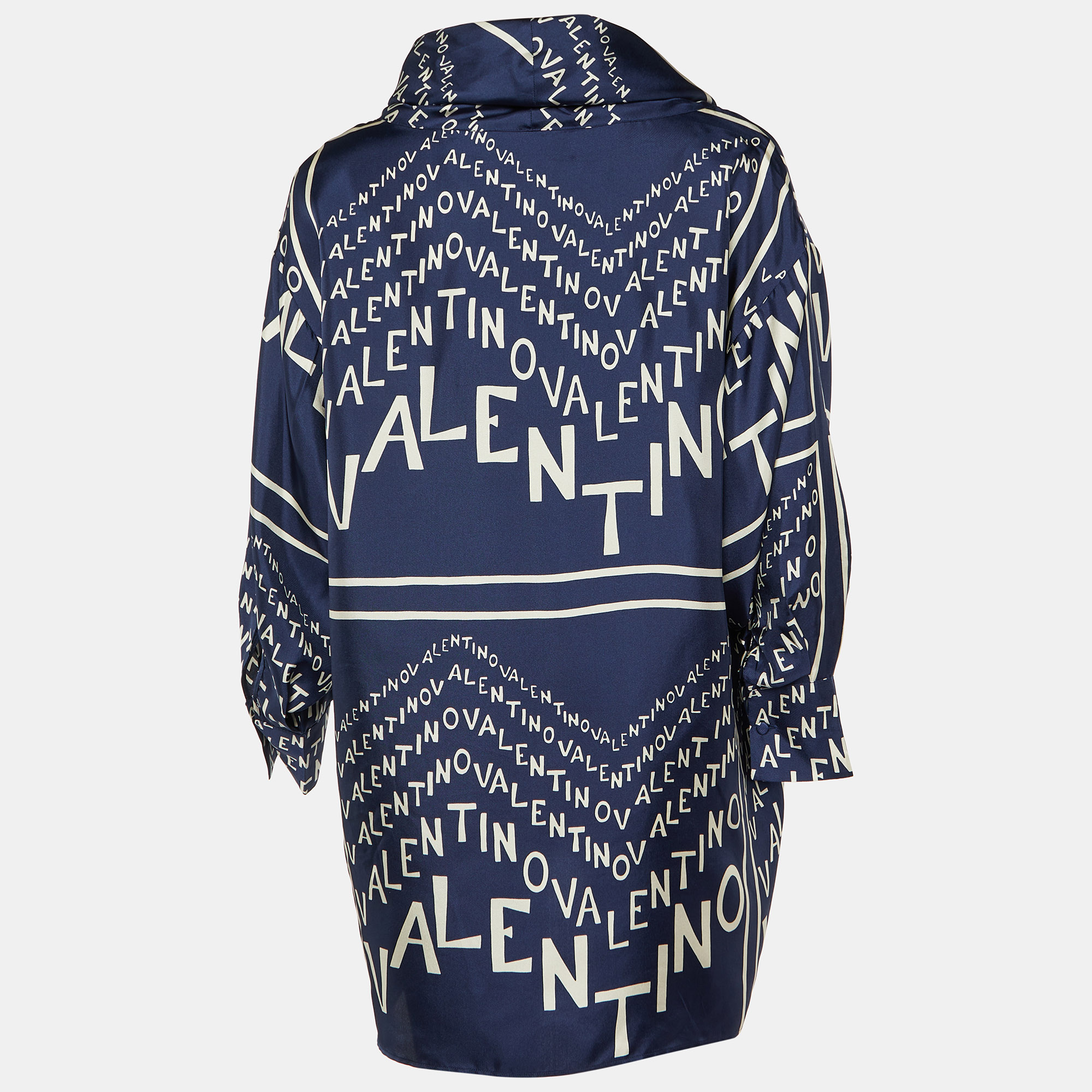 

Valentino Navy Blue Logo Printed Silk Oversized Neck Detail Top