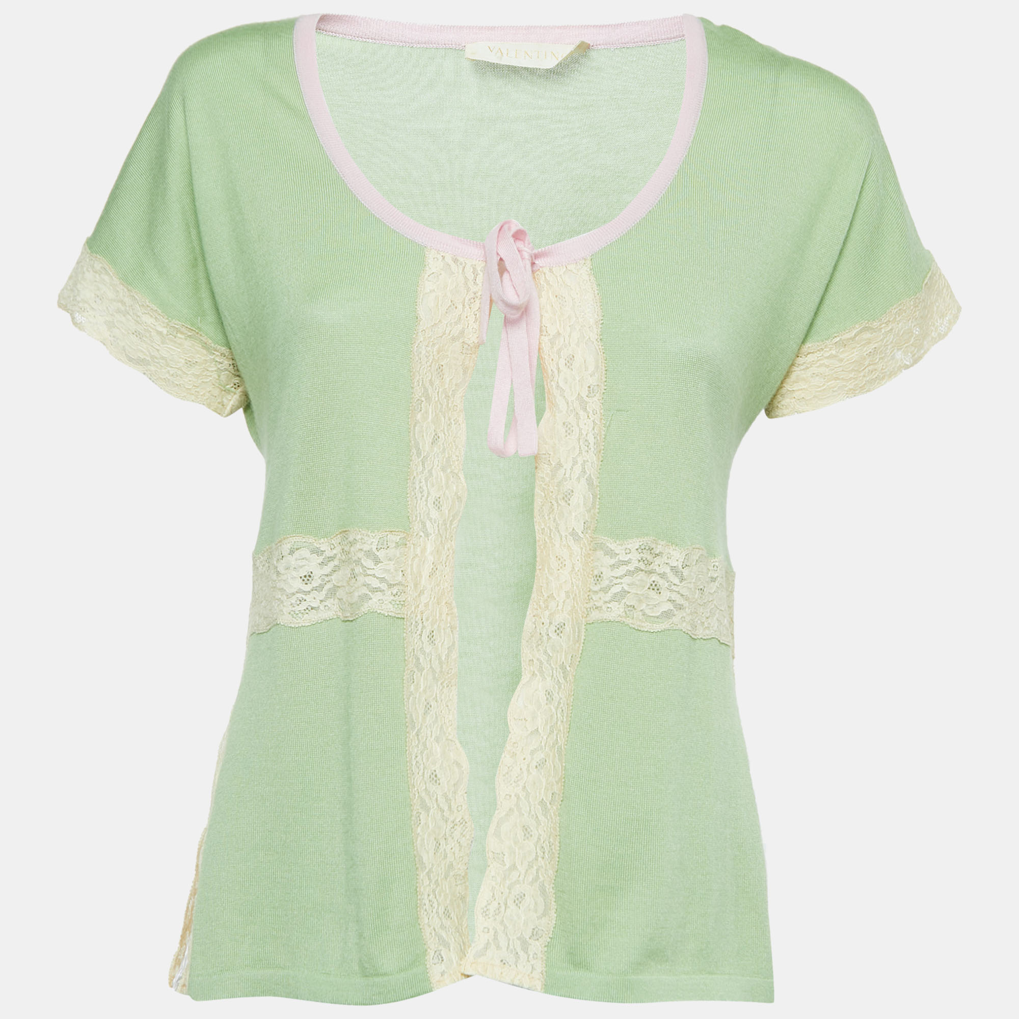 

Valentino Green Cashmere Blend Lace Trimmed Short Sleeve Cardigan