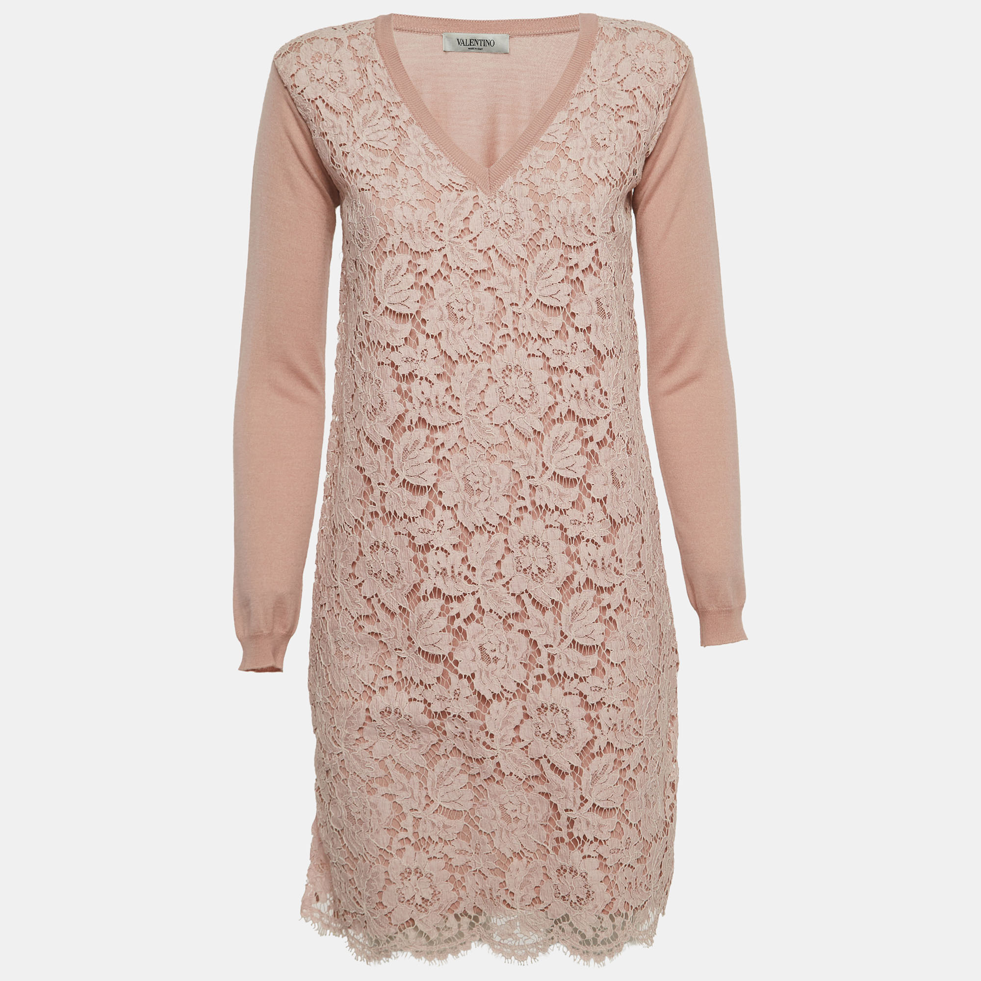 Pre-owned Valentino Pale Pink Floral Lace & Wool Knit Long Sleeve Dress S