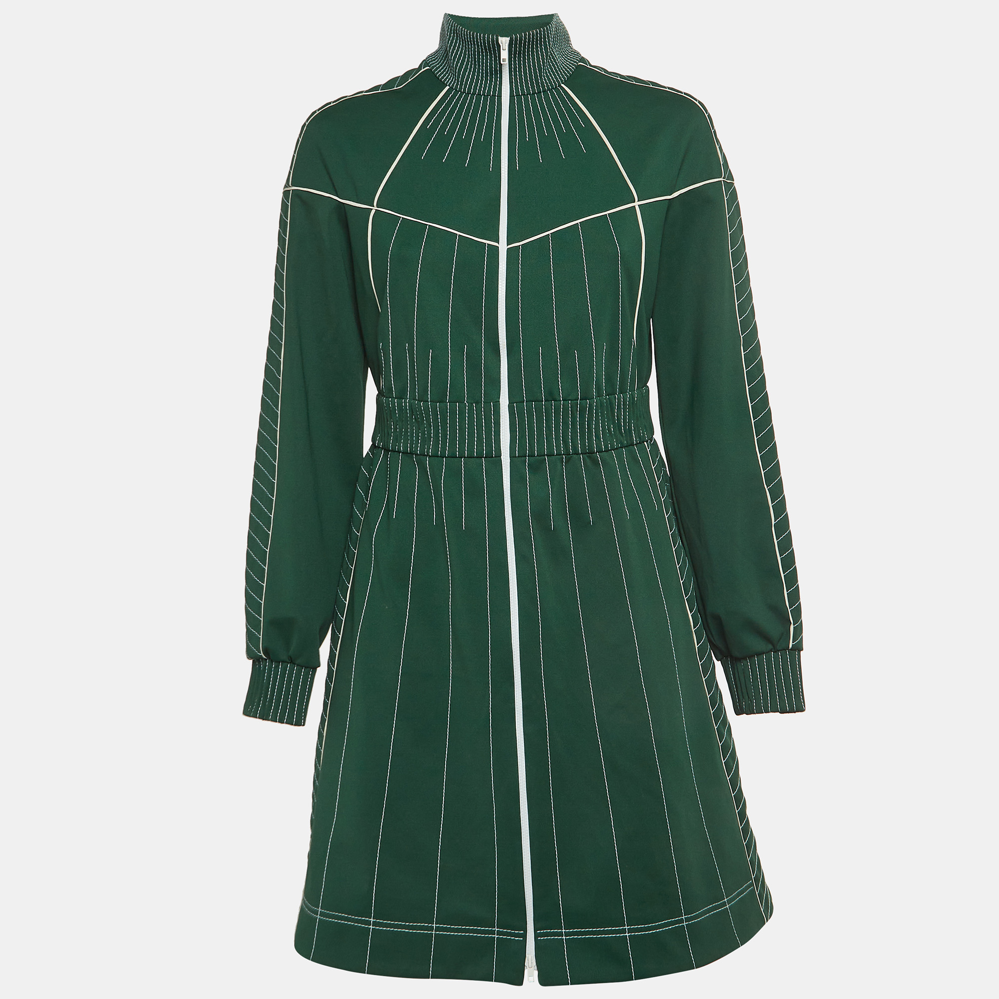 Pre Owned Valentino Green Embroidered Silk and Jersey Zipper Mini Dress M