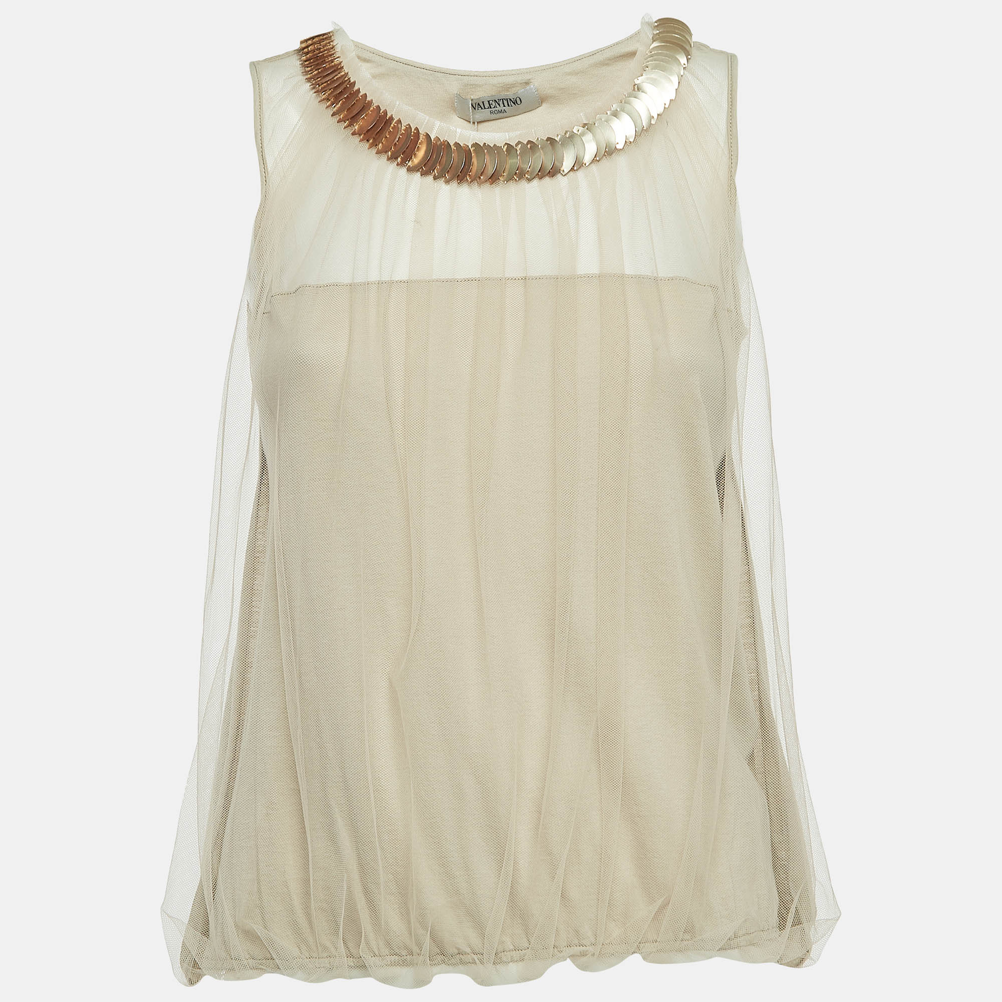 Pre-owned Valentino Beige Embellished Neckline Mesh Overlay Sleeveless Top S