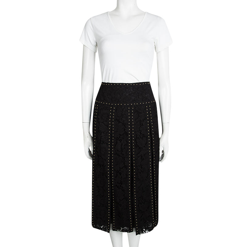 

Valentino Black Lace Stud Embellished Paneled Midi Skirt