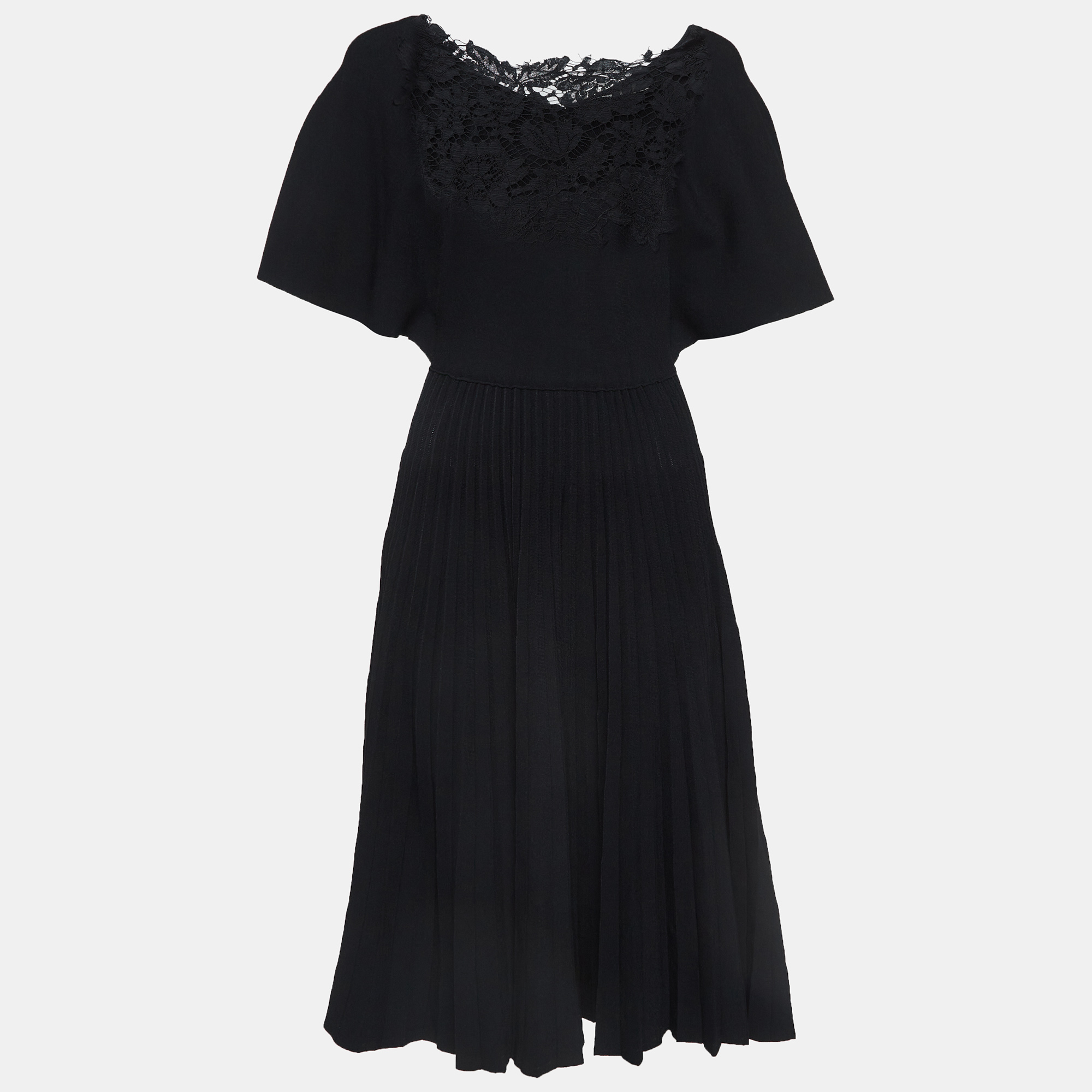 Pre-owned Valentino Garavani Black Knit Lace Trimmed Midi Dress S