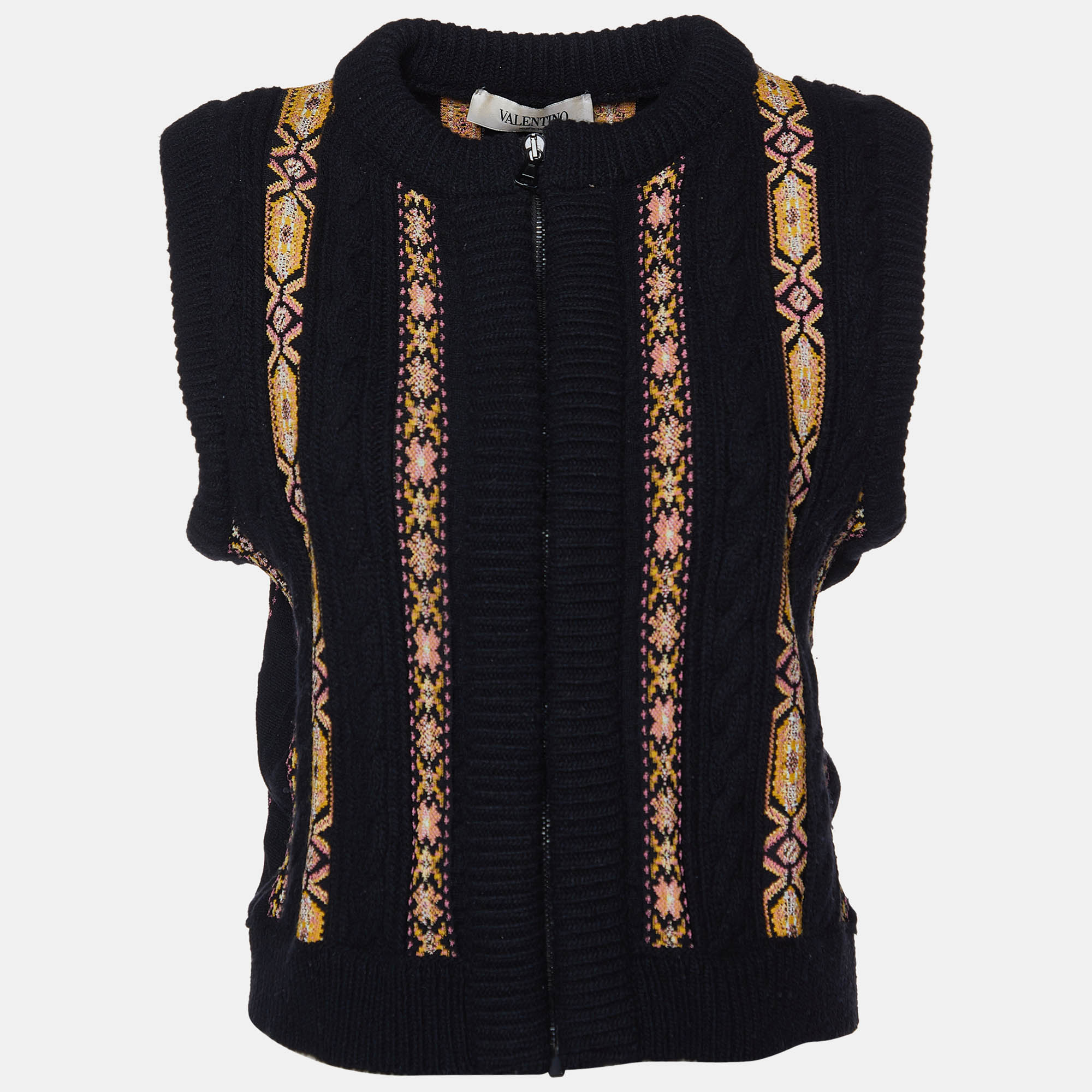 

Valentino Black Patterned Fleece Wool and Cashmere Zip Front Vest M