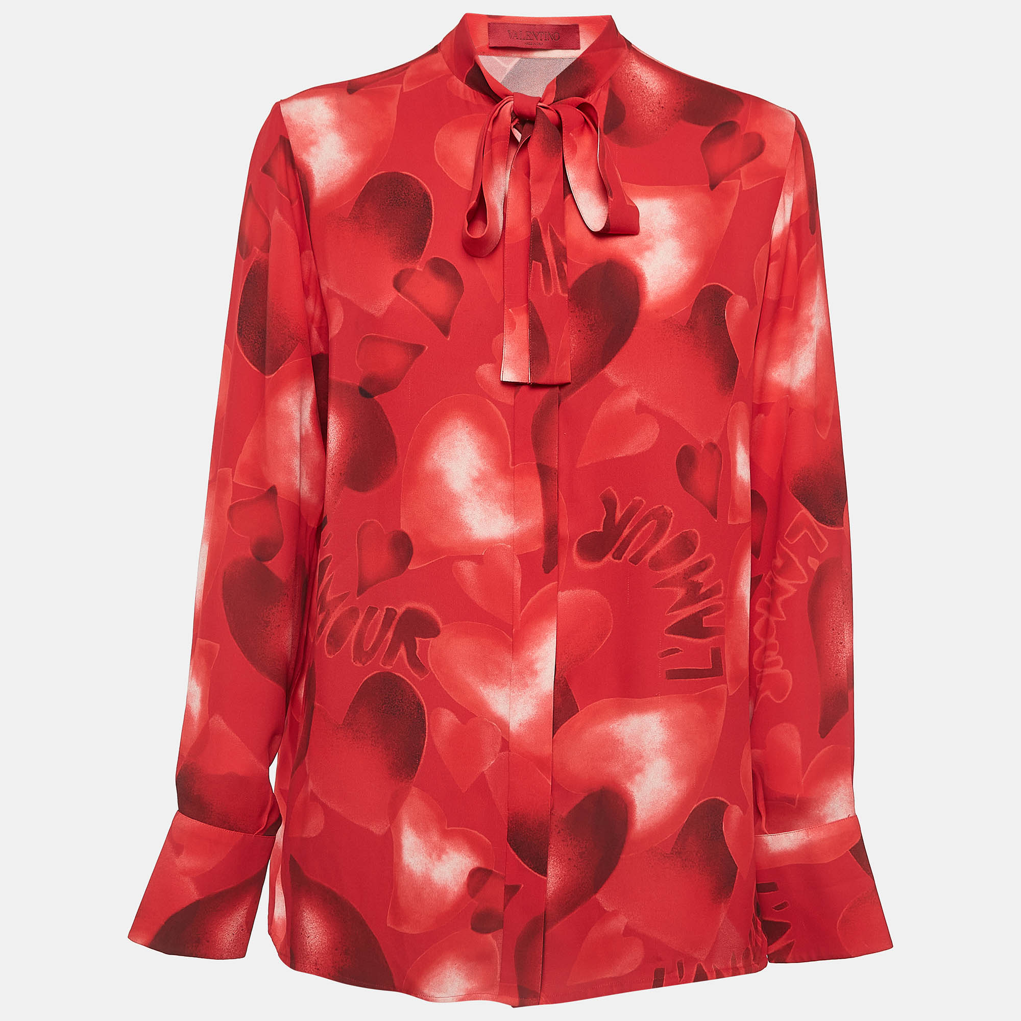 

Valentino Red Heart Print Silk Neck Tie Shirt