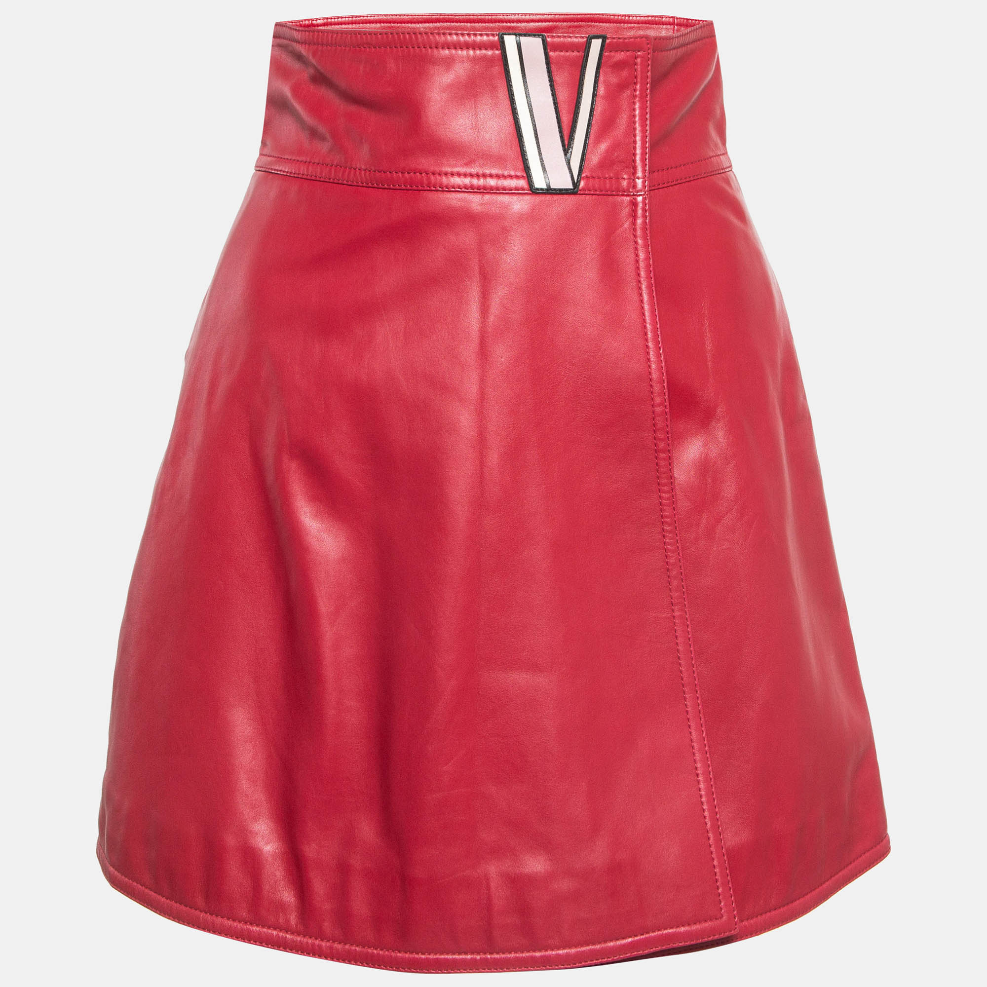 

Valentino Red V Applique Leather Mini Wrap Skirt S