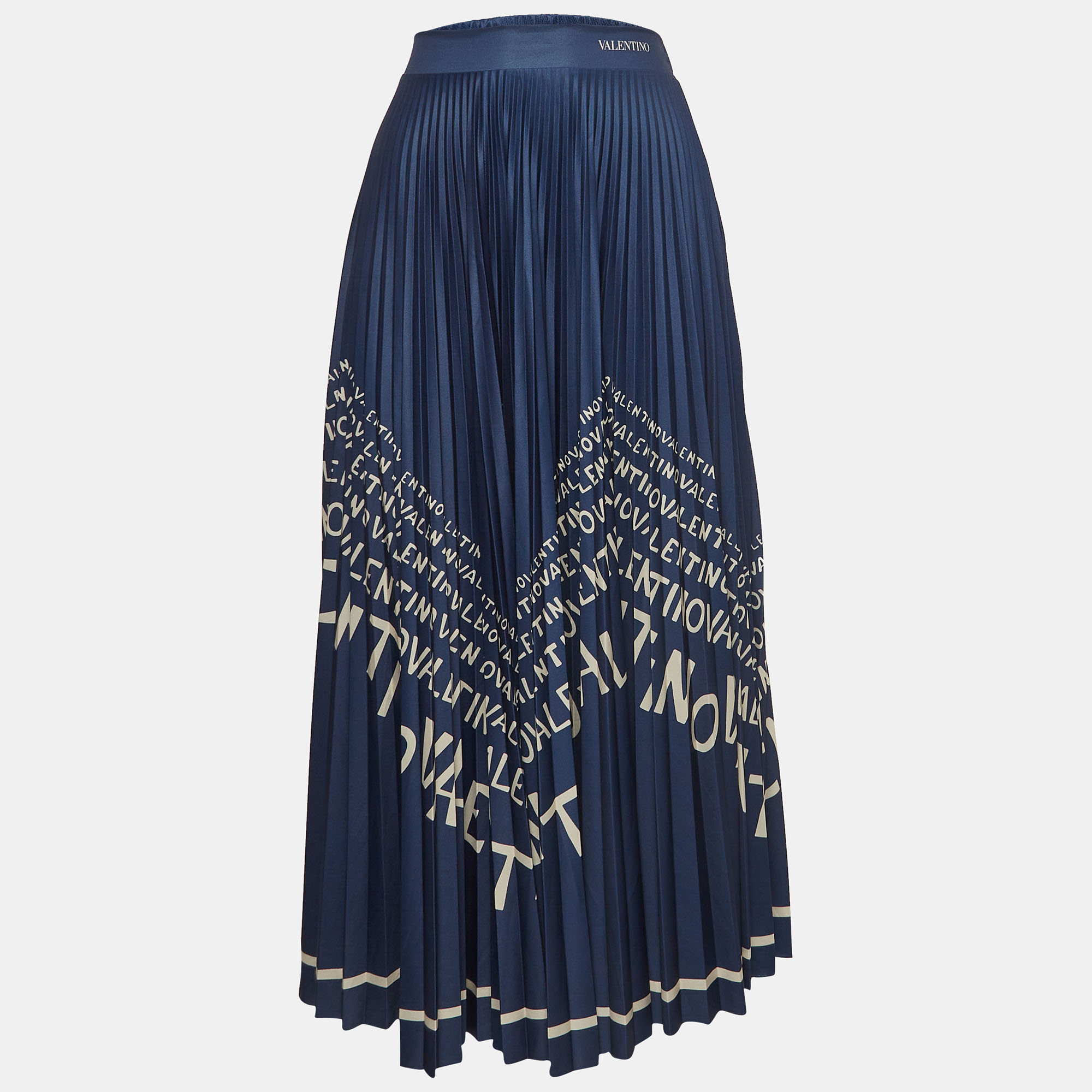 

Valentino Navy Blue Logo Print Jersey Plisse Midi Skirt M