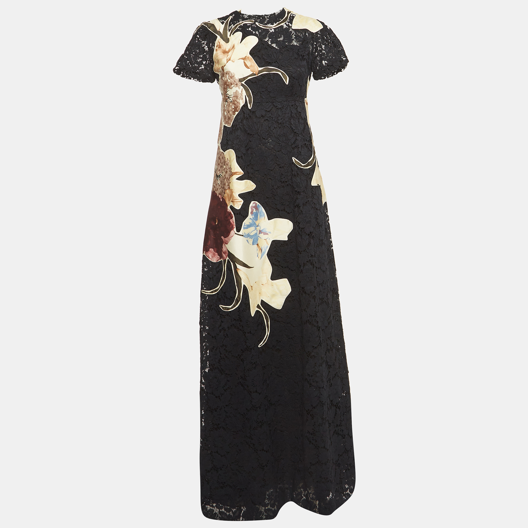 

Valentino Black Floral Applique Lace Maxi Dress M