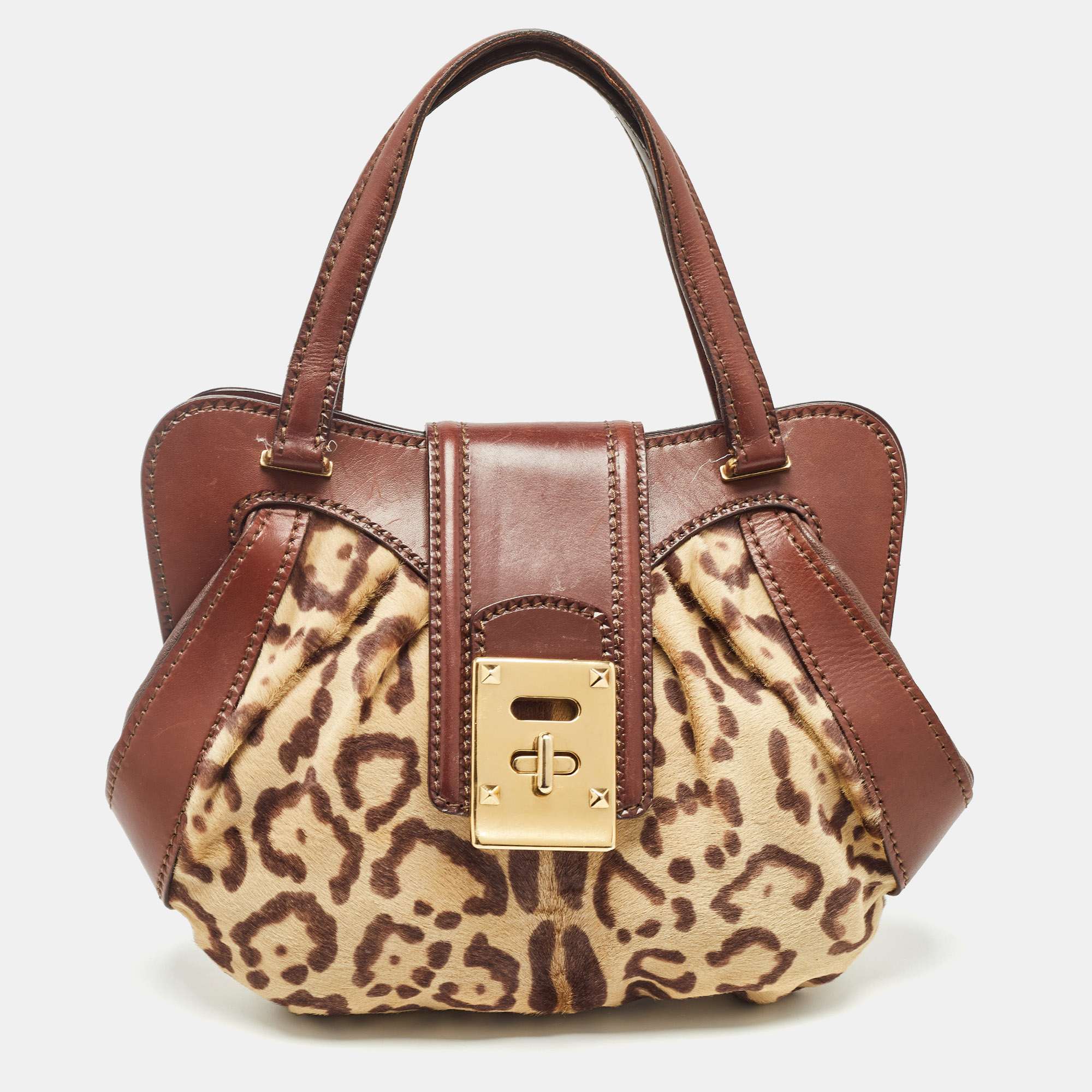 

Valentino Brown Leopard Print Calf Hair and Leather Satchel