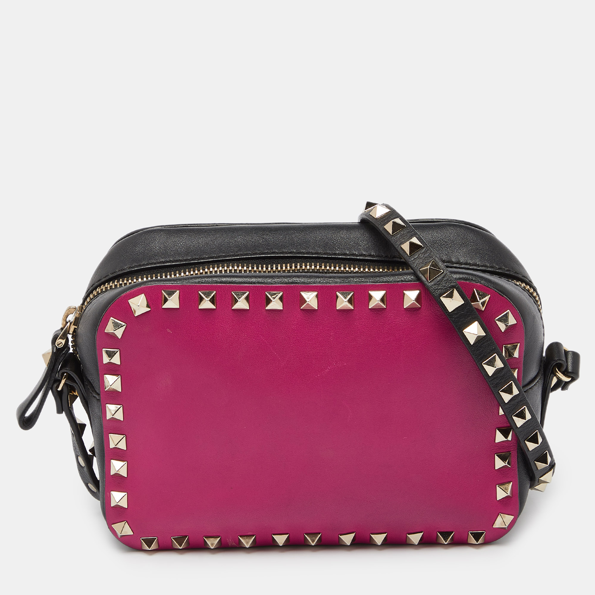 Pre-owned Valentino Garavani Pink/black Leather Rockstud Camera Bag