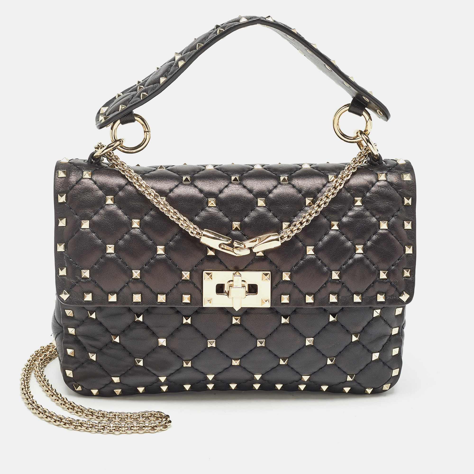 

Valentino Black Quilted Leather  Rockstud Spike Top Handle Bag