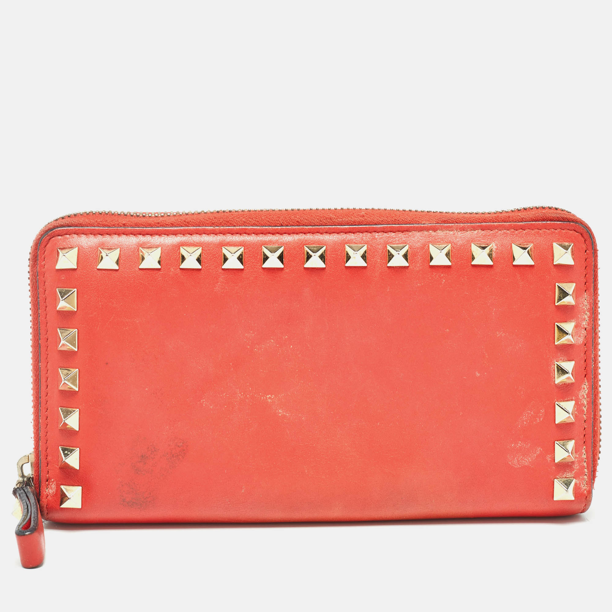 

Valentino Red Leather Rockstud Zip Around Continental Wallet