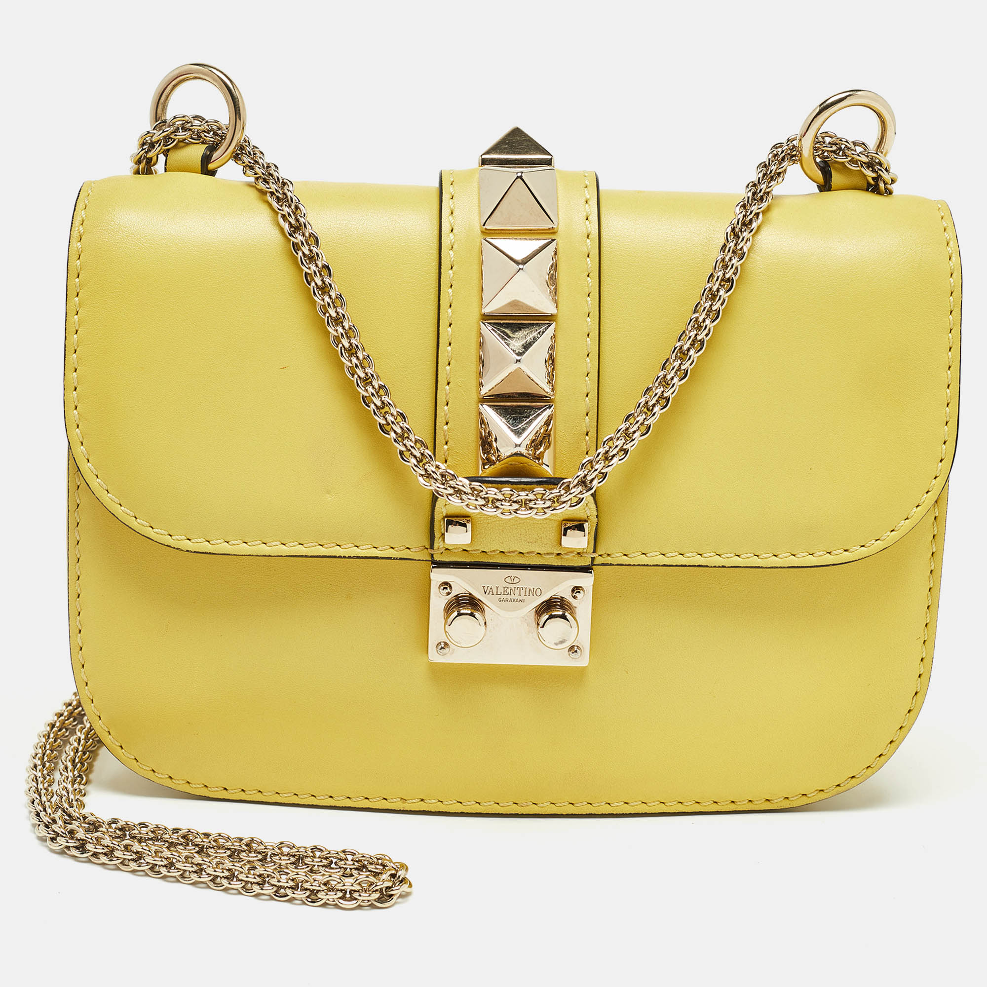 

Valentino Yellow Leather Small Rockstud Glam Lock Flap Bag