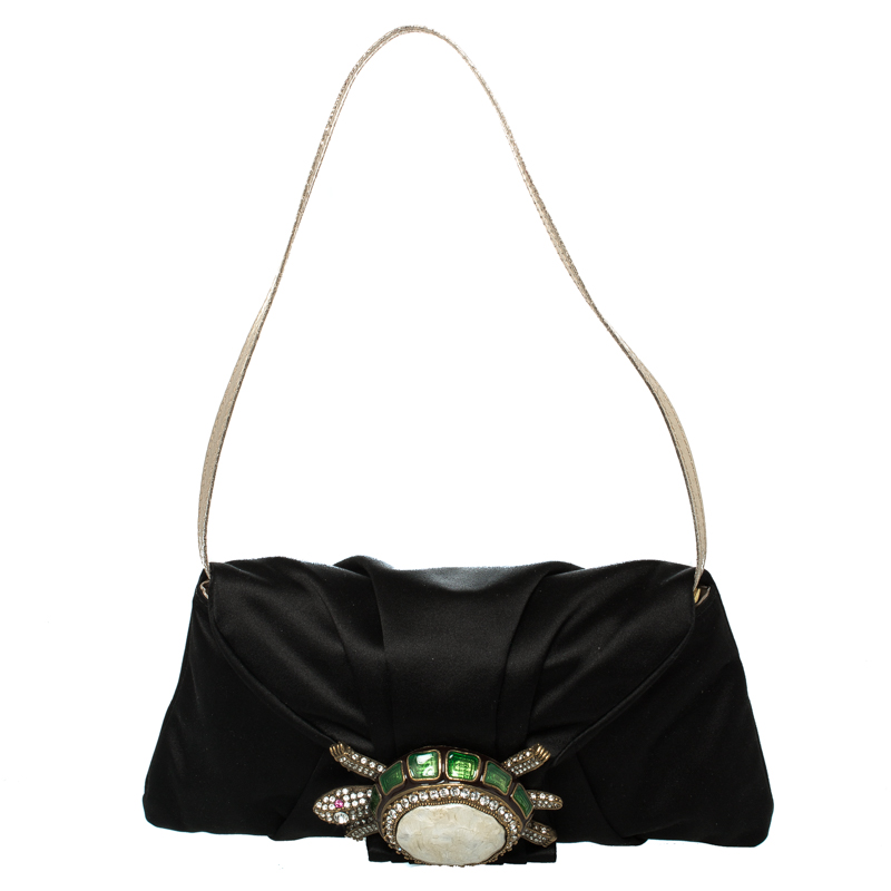 Pre Owned Valentino Black Satin Tortoise Embellished Shoulder Bag