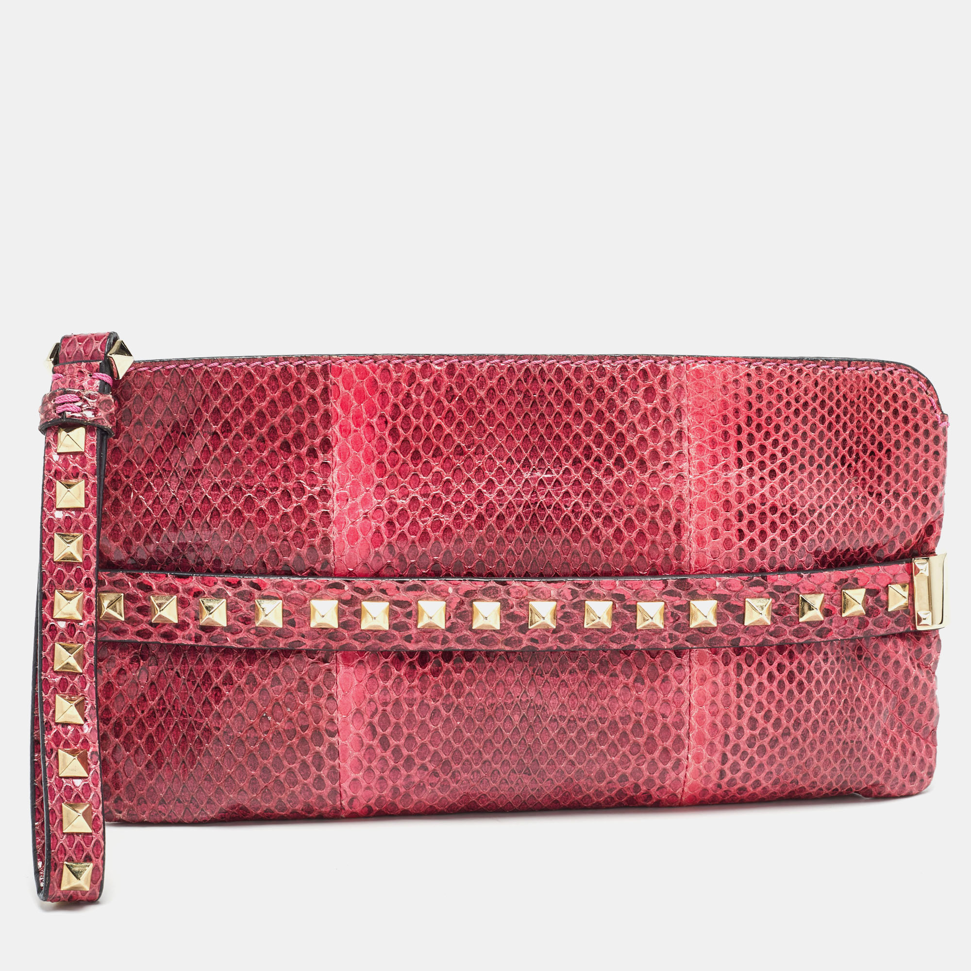 

Valentino Pink Snakeskin Rockstud Wristlet Clutch