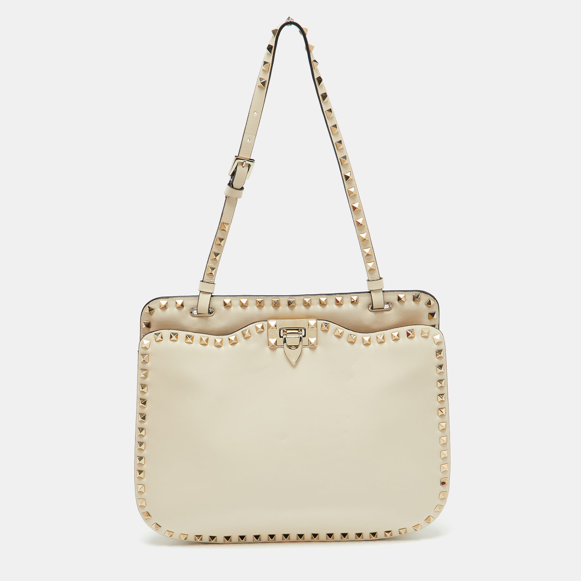 

Valentino Off White Leather Rockstud Hobo, Cream