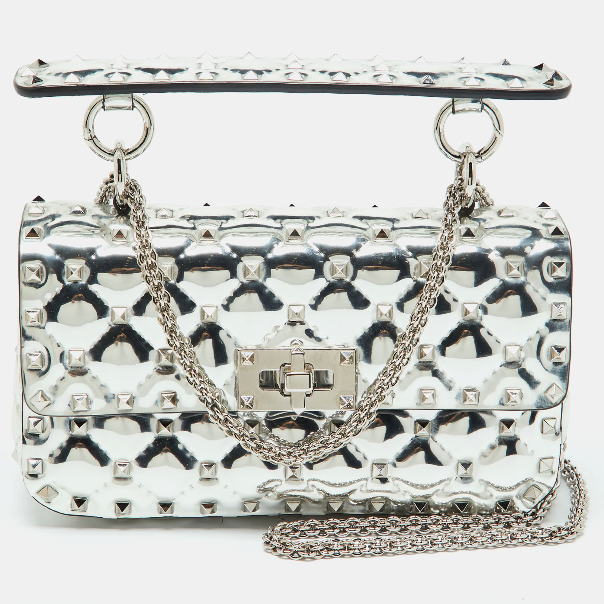 

Valentino Silver Quilted Patent Leather Small Rockstud Spike Chain Top Handle Bag