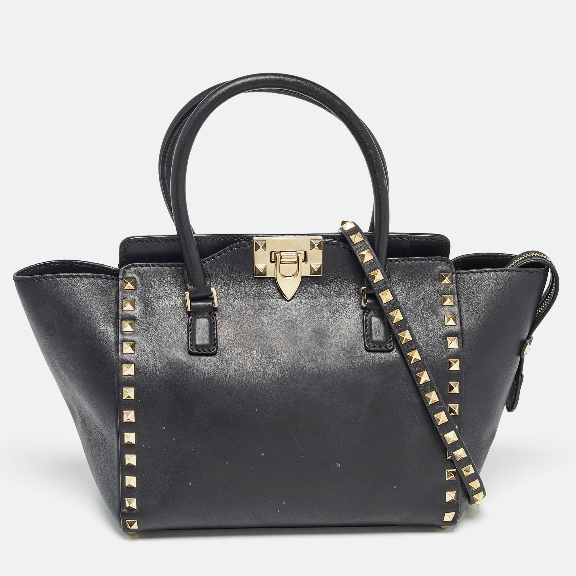 

Valentino Black Leather  Rockstud Trapeze Tote