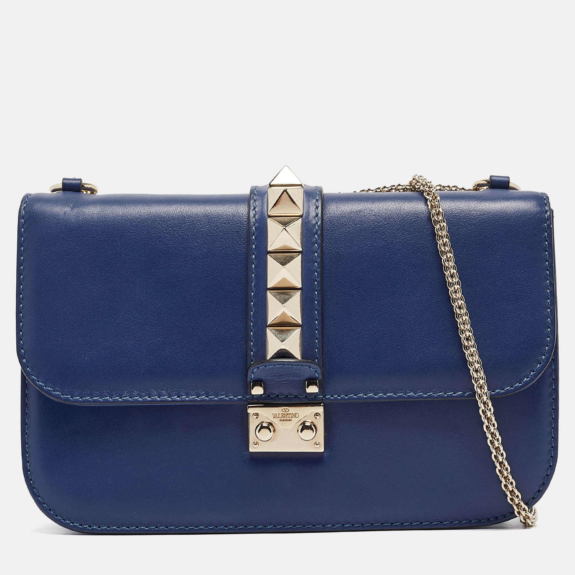 

Valentino Blue Leather  Rockstud Glam Lock Flap Bag