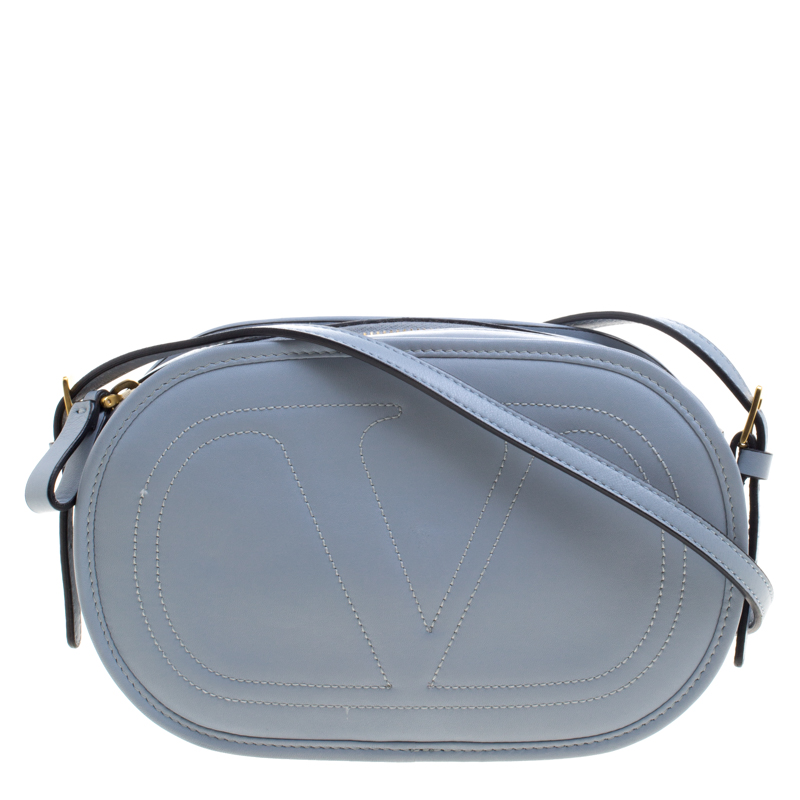 Pre Owned Valentino Powdered Blue Leather Logo Go Crossbody Bag