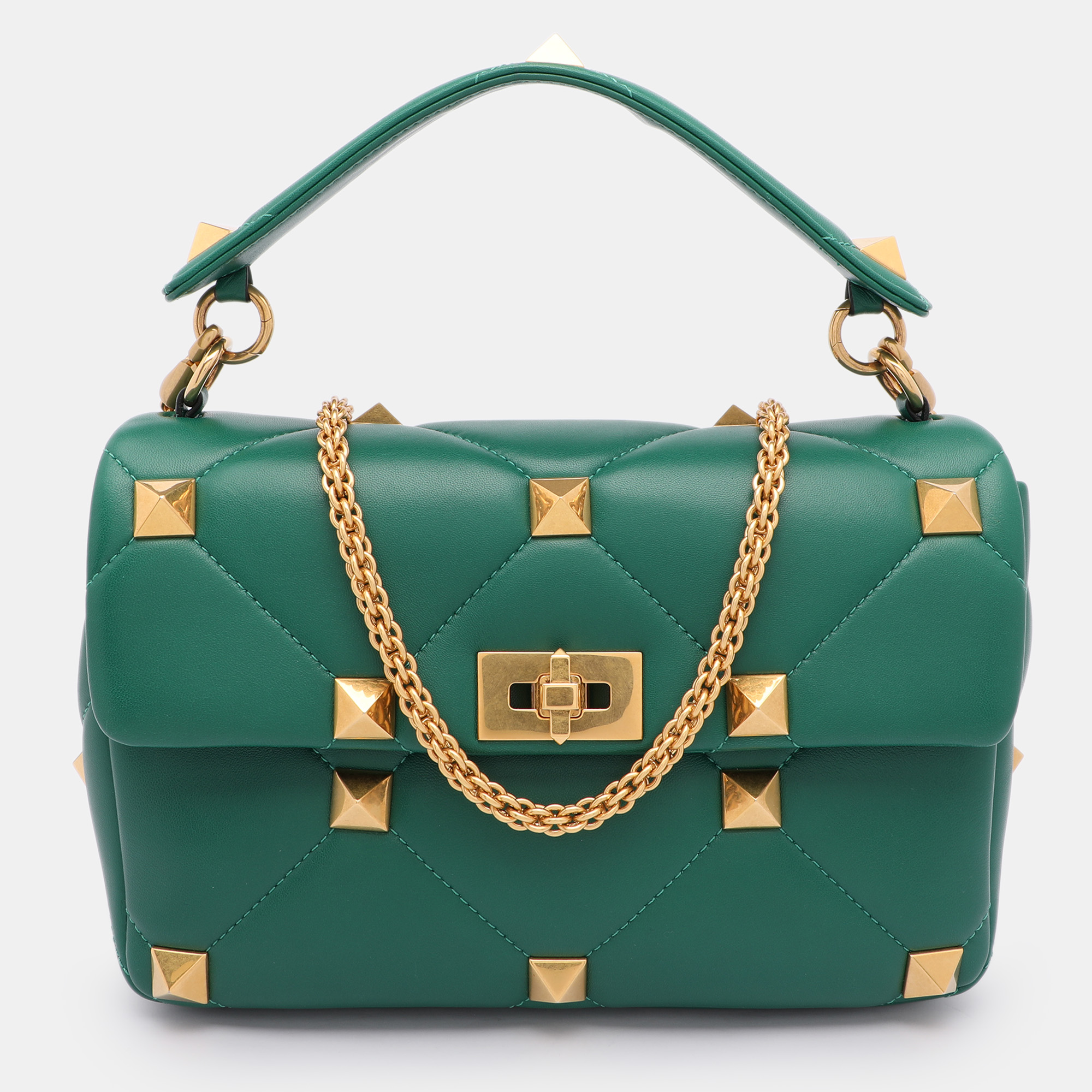 

Valentino Green Leather Large Roman Stud Top Handle Bag