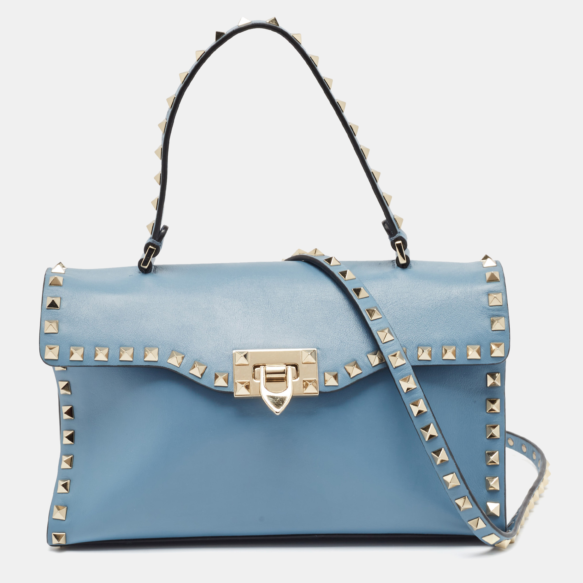 

Valentino Light Blue Leather Rockstud Flap Top Handle Bag