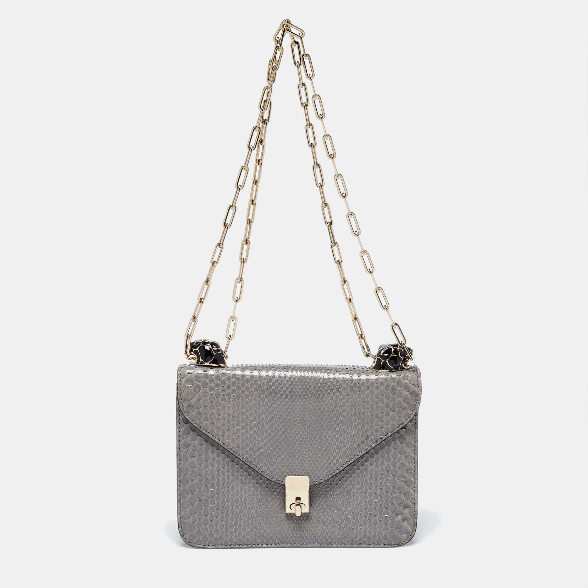 

Valentino Grey Python Panther Flap Shoulder Bag