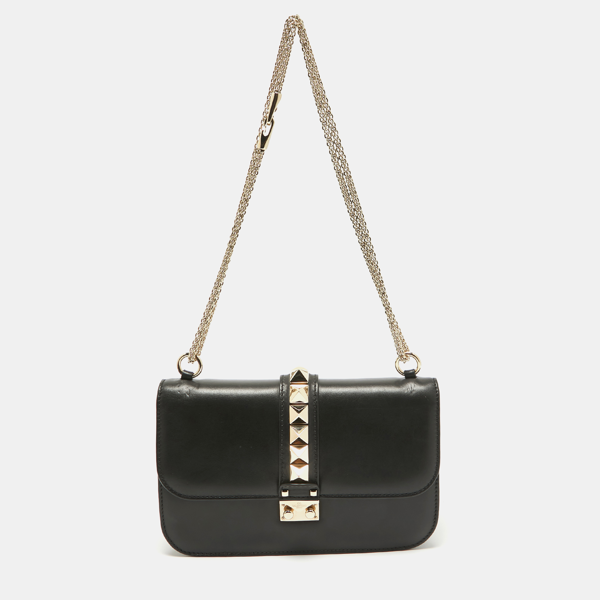 

Valentino Black Leather  Rockstud Glam Lock Flap Bag