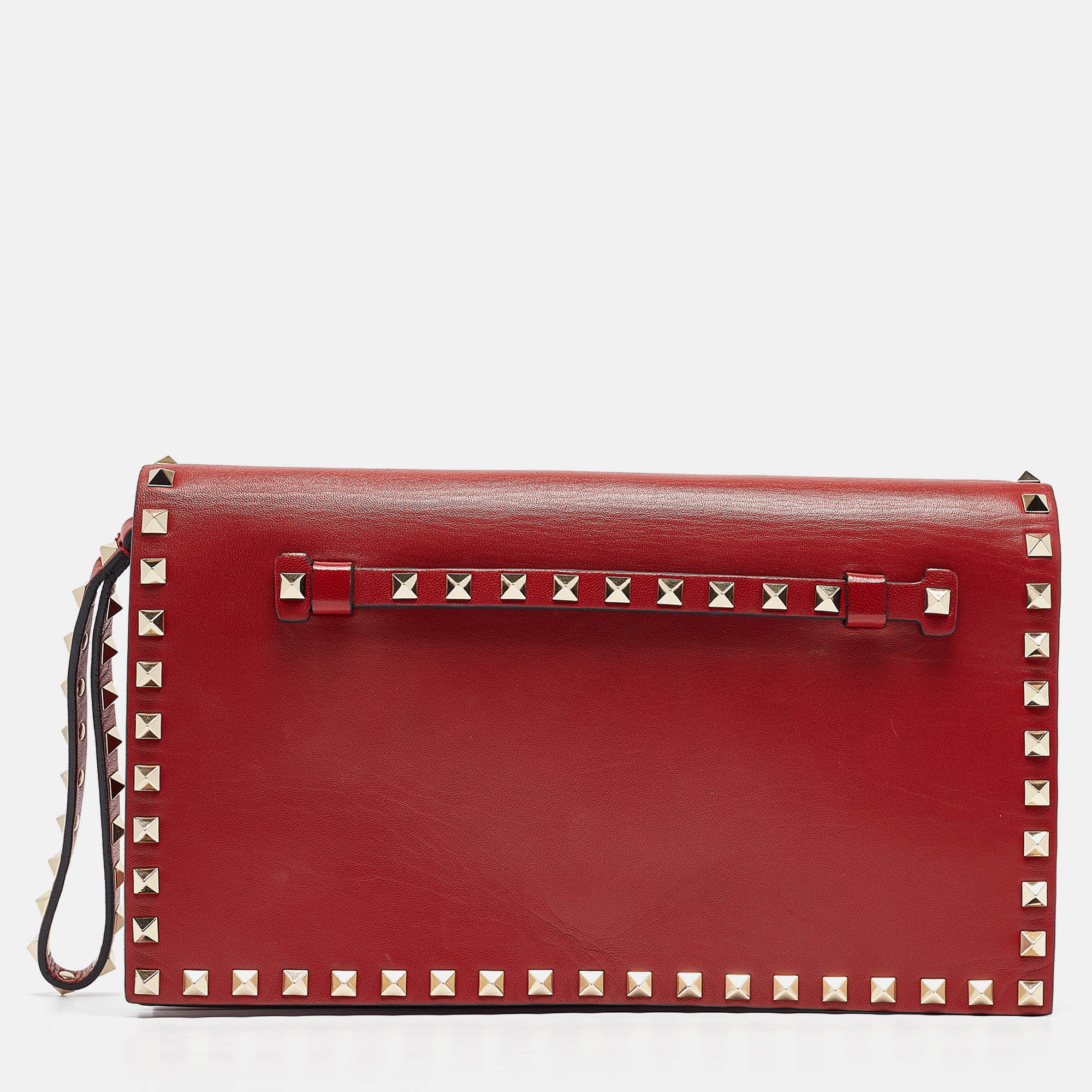 

Valentino Red Leather Rockstud Flap Wristlet Clutch