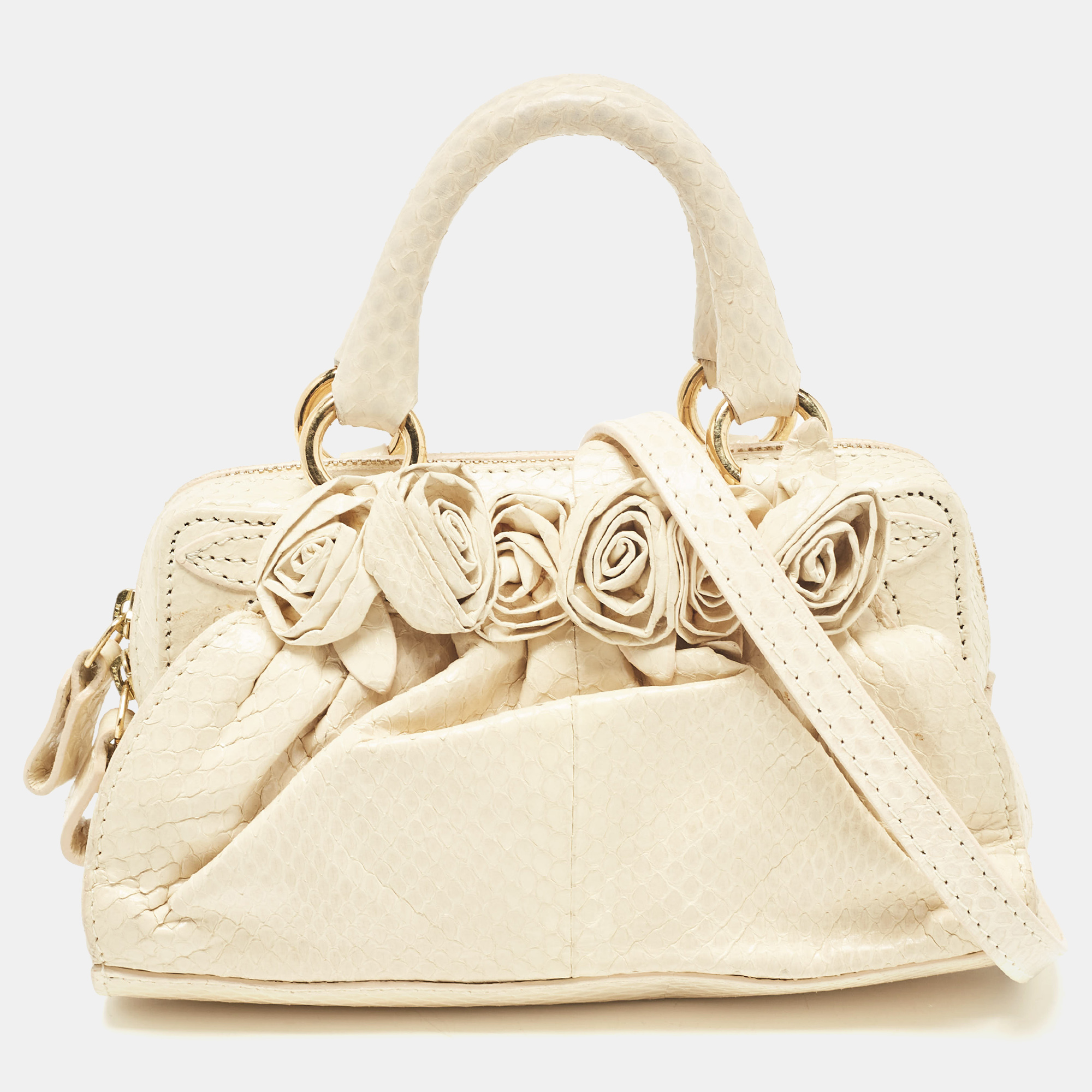 

Valentino Cream Snakeskin Flower Appliqué Clutch Bag