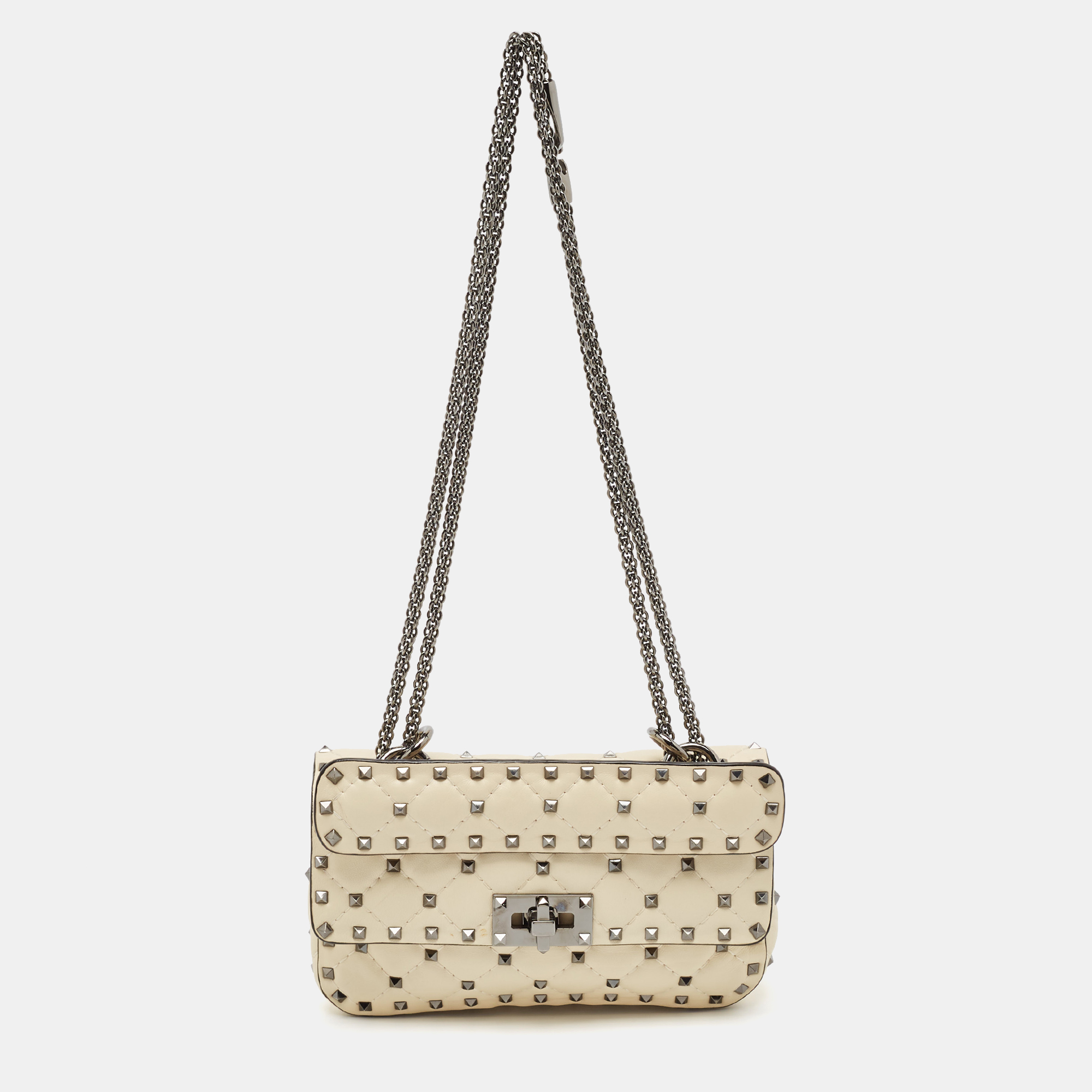 Pre-owned Valentino Garavani Cream Quilted Leather Small Rockstud Spike Top Handle Bag