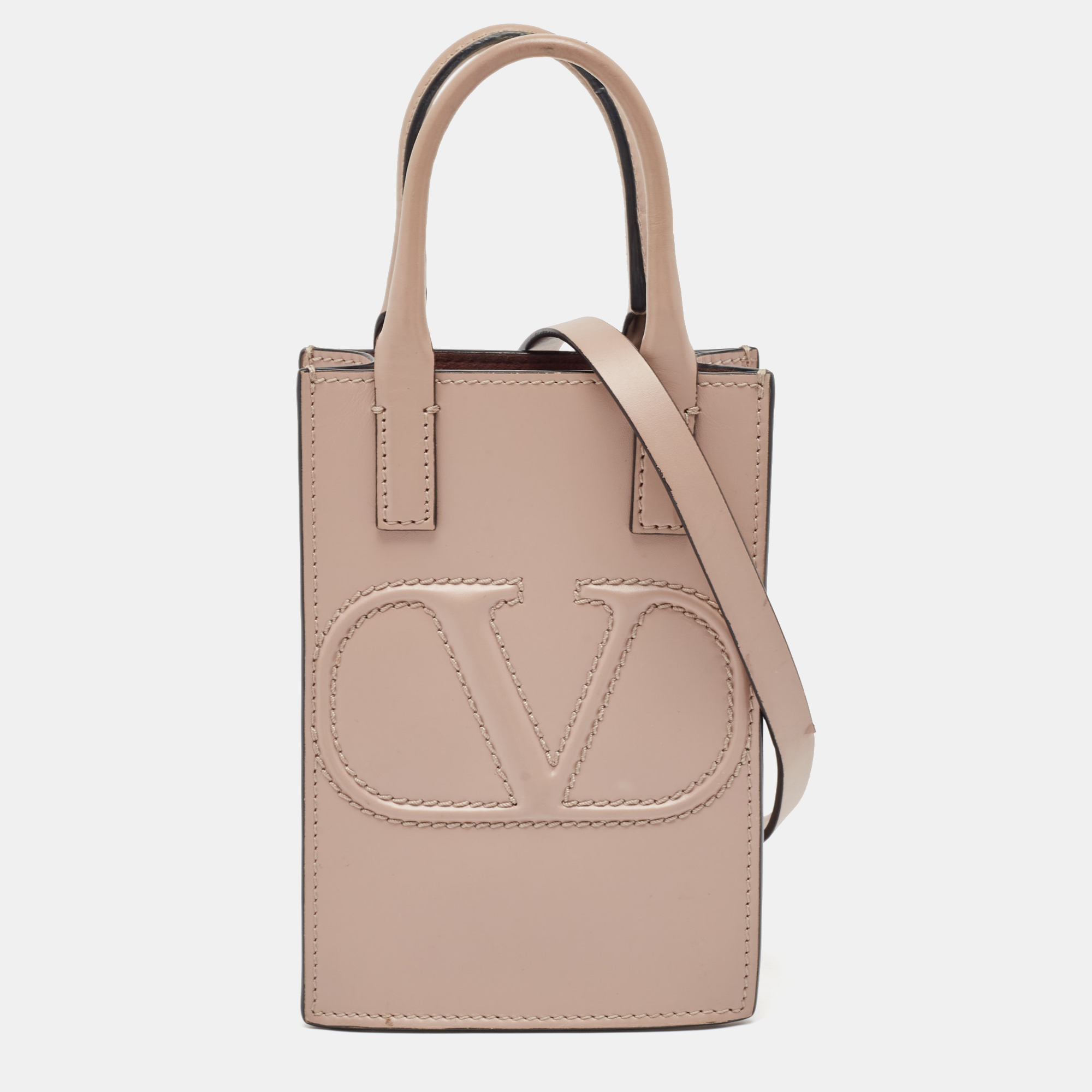 Pre-owned Valentino Garavani Beige Leather Mini Vlogo Tote