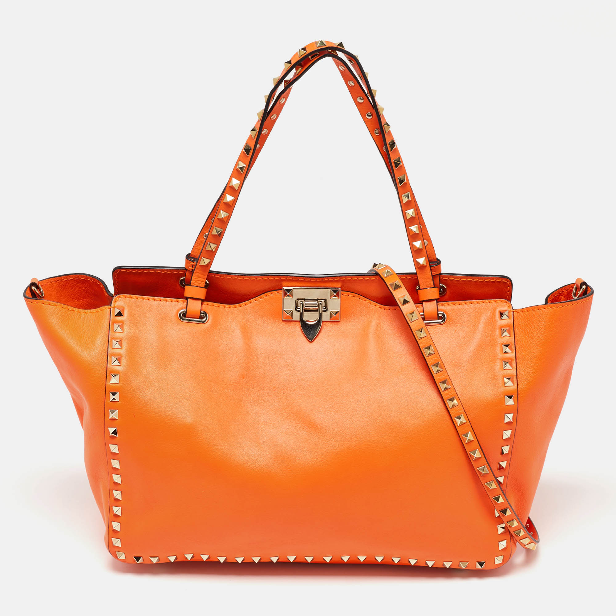 Pre-owned Valentino Garavani Neon Orange Leather Medium Rockstud Trapeze Tote