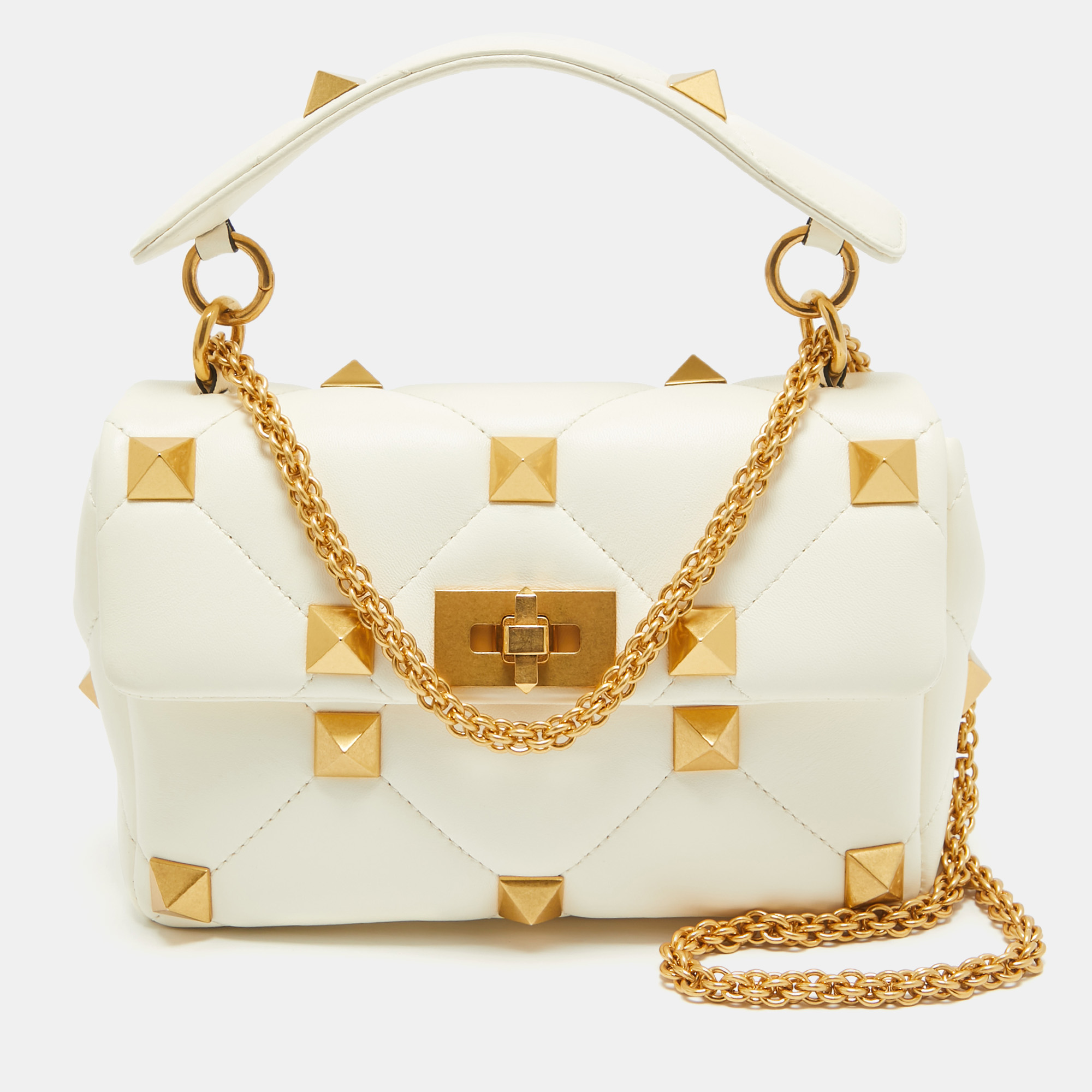 

Valentino White Quilted Leather Medium Roman Stud Top Handle Bag