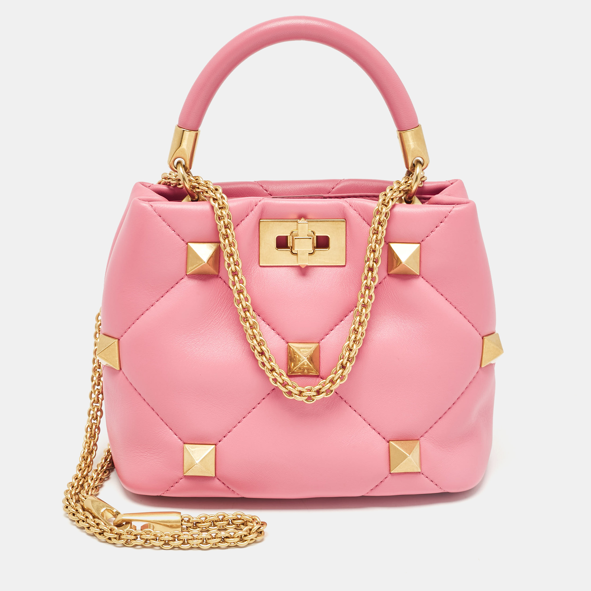 

Valentino Pink Quilted Leather  Roman Stud Top Handle Bag