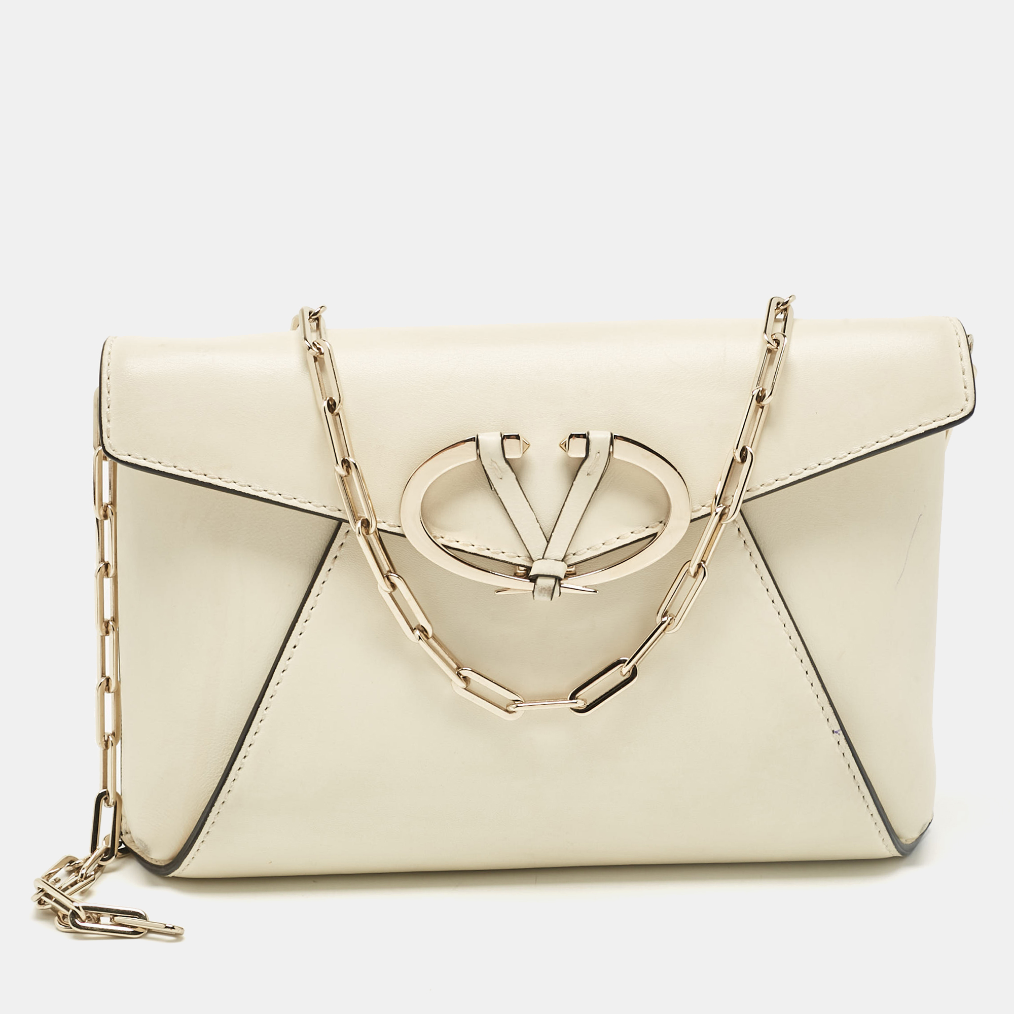 

Valentino Off White Leather V Rivet Clutch Bag