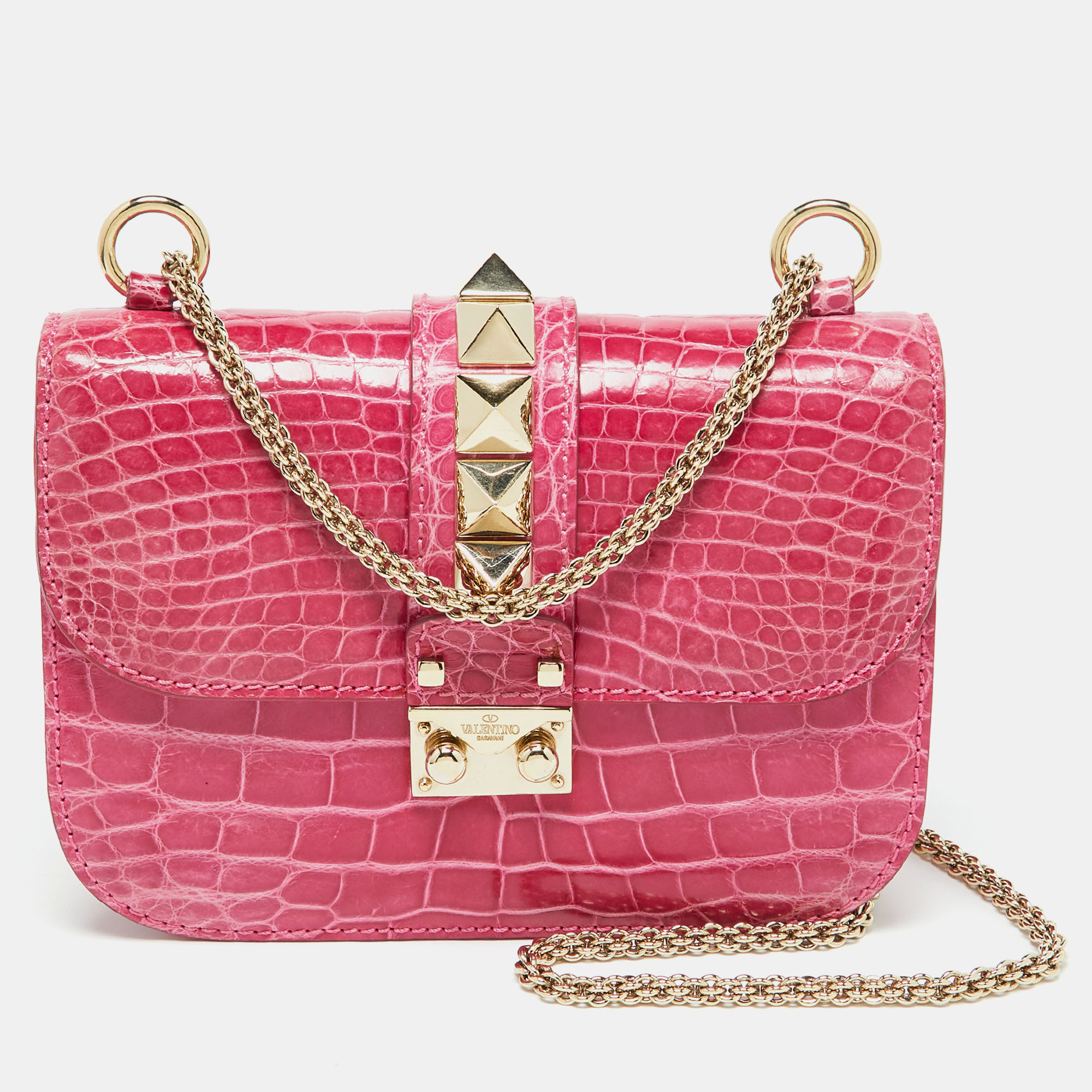 Pre-owned Valentino Garavani Pink Crocodile Small Glam Lock Shoulder Bag