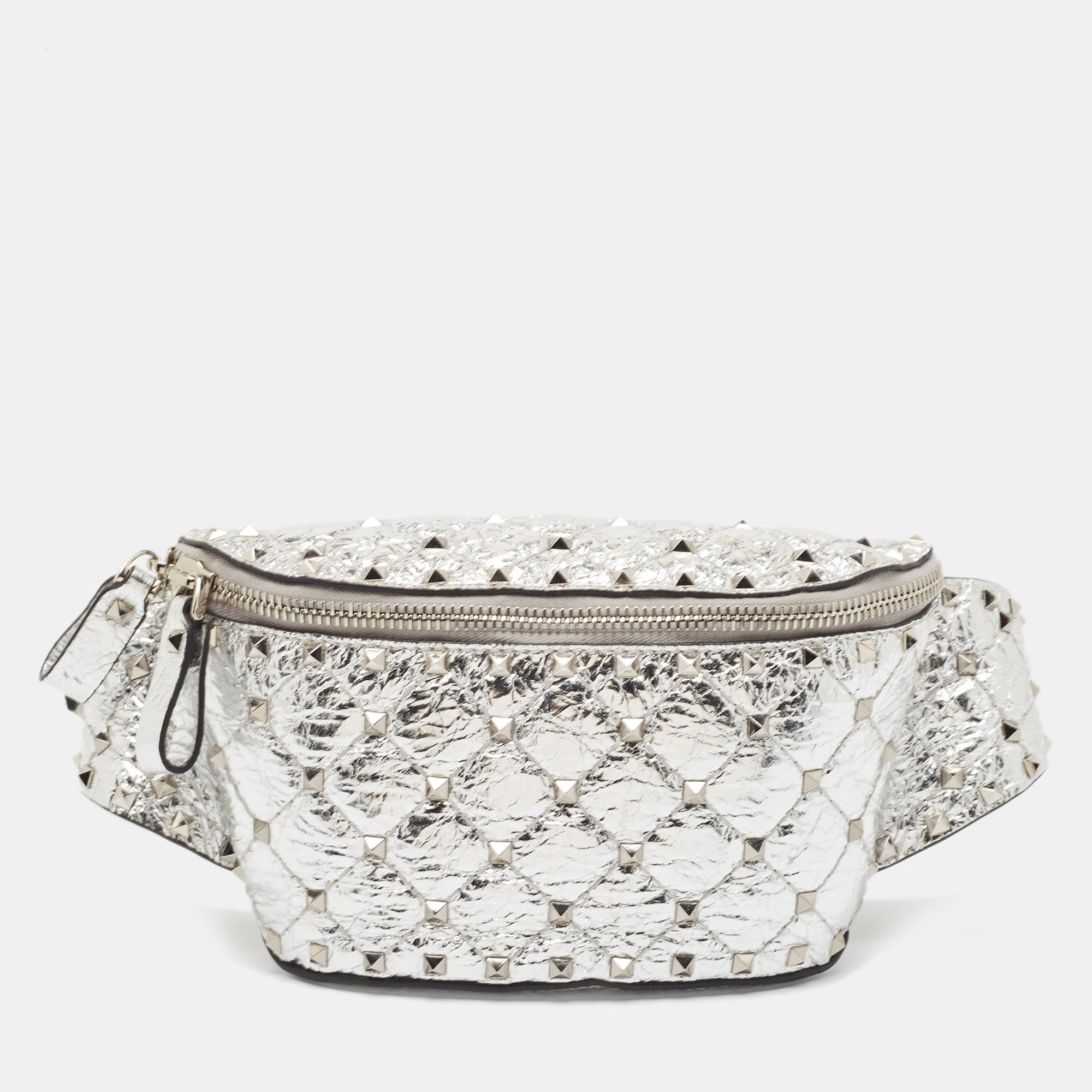 

Valentino Silver Quilted Patent Leather Rockstud Spike Belt Bag