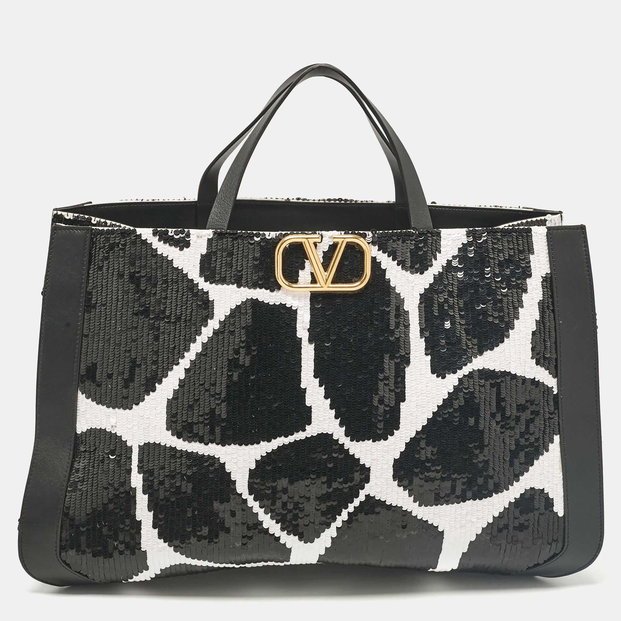 Pre-owned Valentino Garavani Black/white Printed Sequins And Leather Vlogo Tote