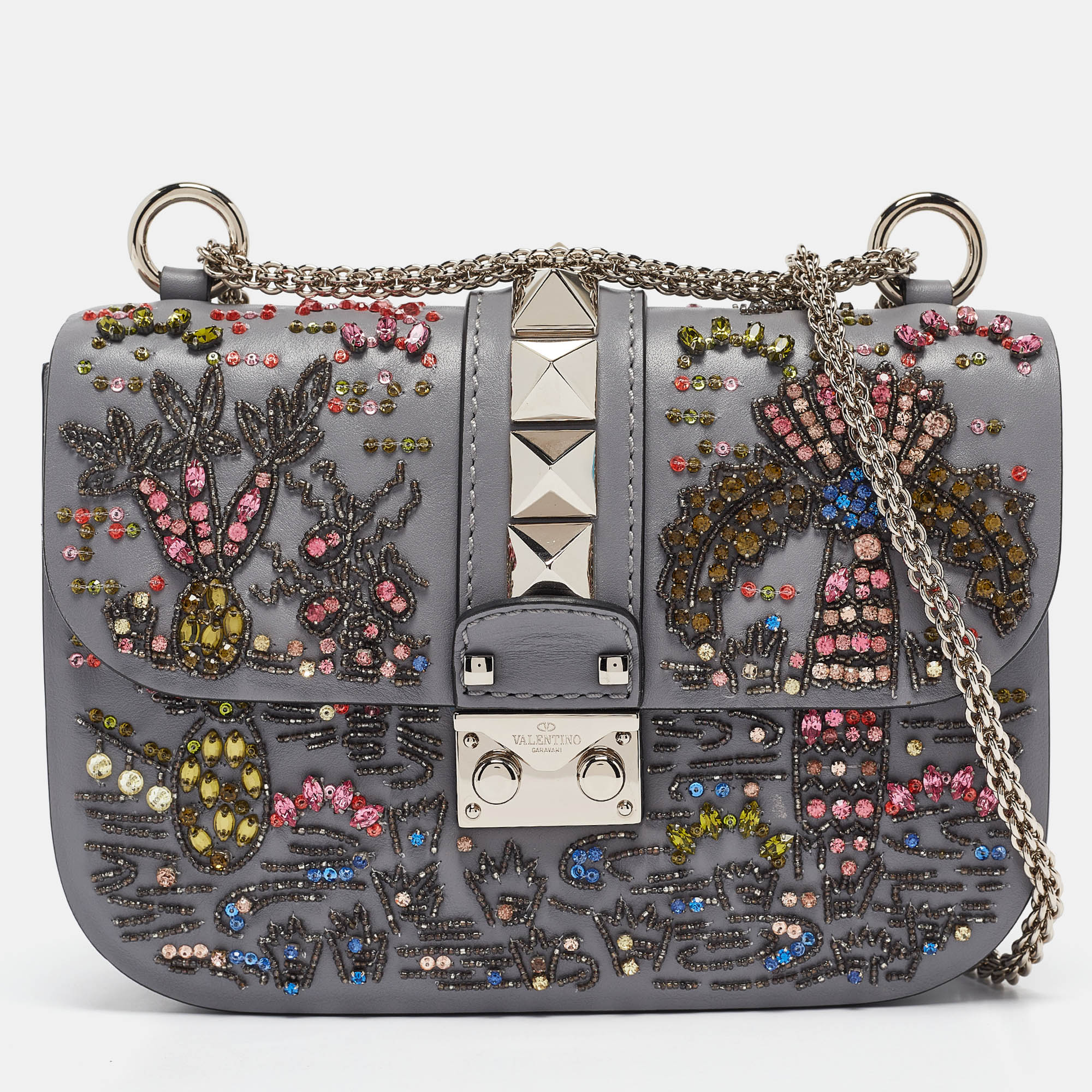 

Valentino Grey Leather  Crystal Embellished Rockstud Glam Lock Flap Bag