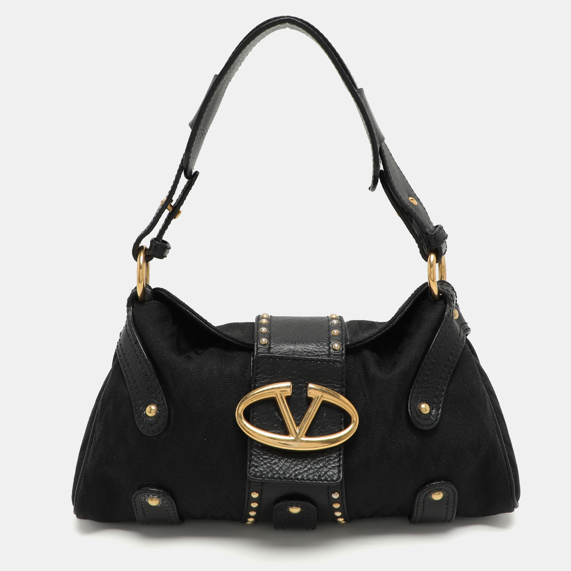 Pre-owned Valentino Garavani Black Canvas And Leather Embellished Satchel