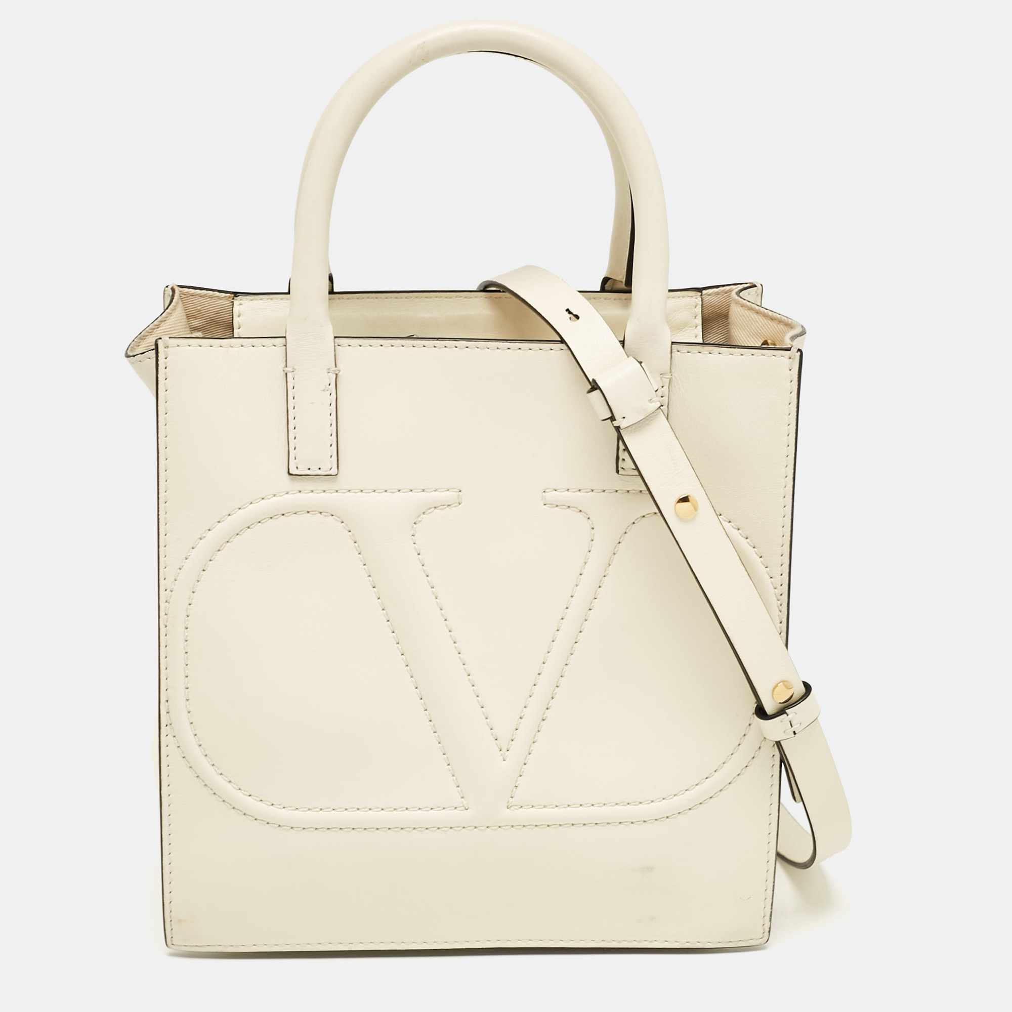 

Valentino Off White Leather Small VLogo Walk Tote